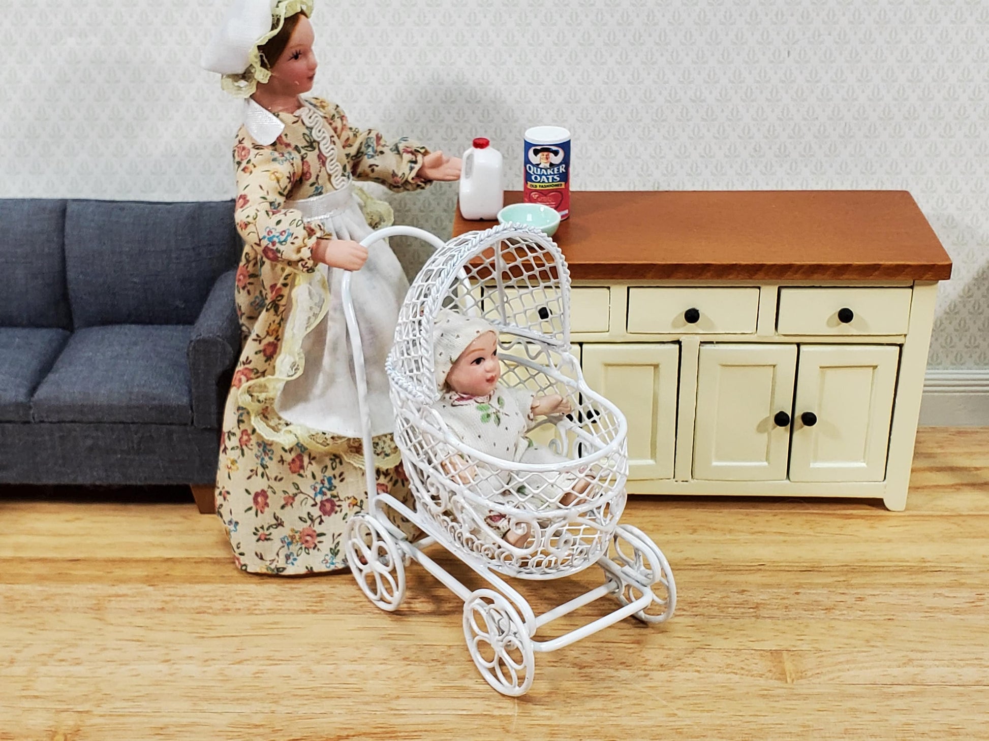 Dollhouse Pram Stroller Carriage White Metal Wire 1:12 Scale Nursery Miniature Furniture