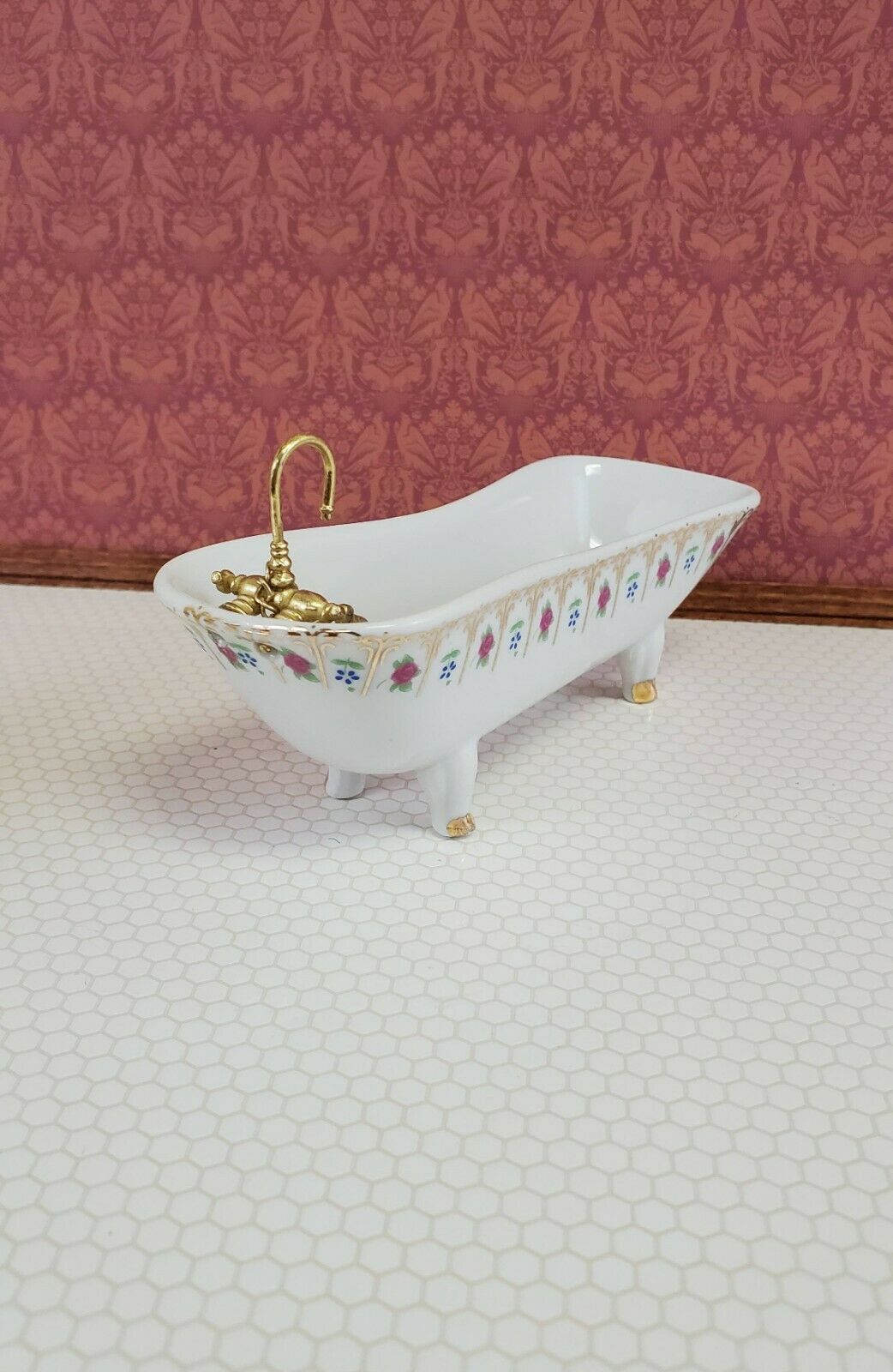 Dollhouse Miniature Bathroom Set White Gold Rose Porcelain Tub Toilet Sink