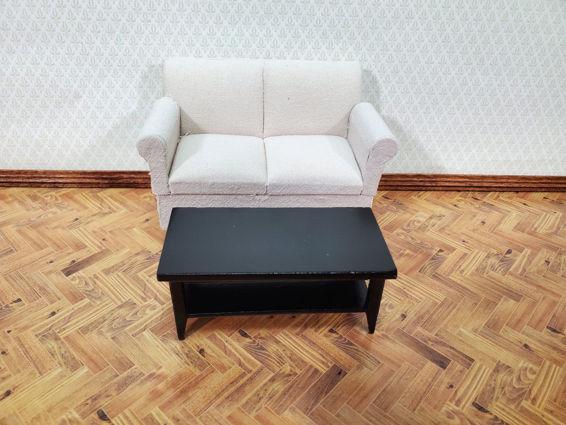 Dollhouse Modern Coffee Table with Shelf All Black Wood 1:12 Scale Miniature Furniture