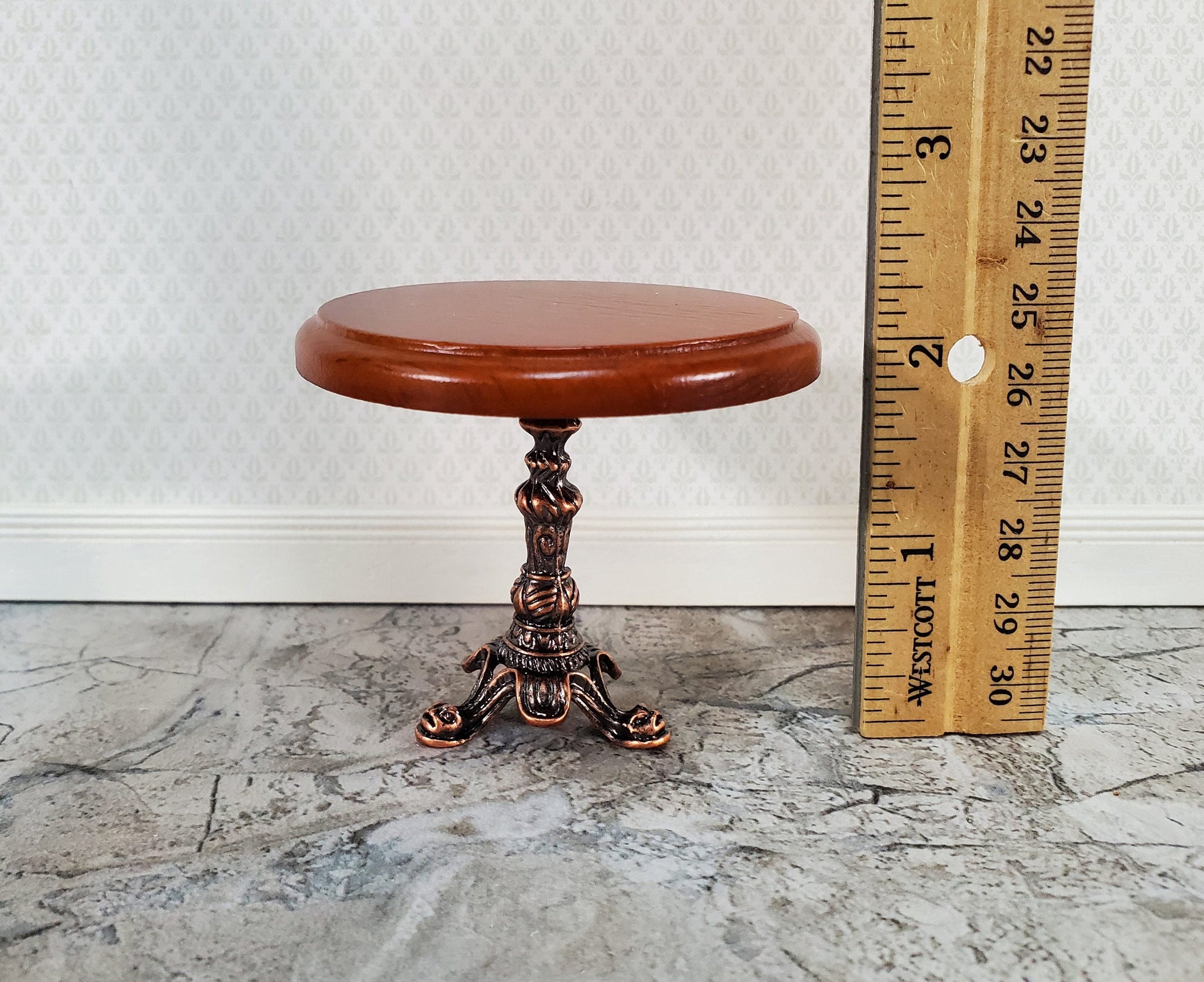 Dollhouse Accent Table with Metal Base Walnut Top Small Round 1:12 Scale Miniature