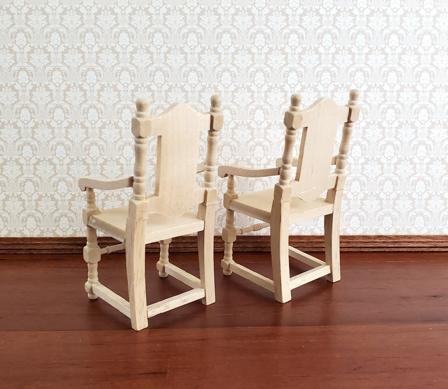 Dollhouse Miniature Arm Chairs Dining Room Set of 2 Unpainted Wood 1:12 Scale