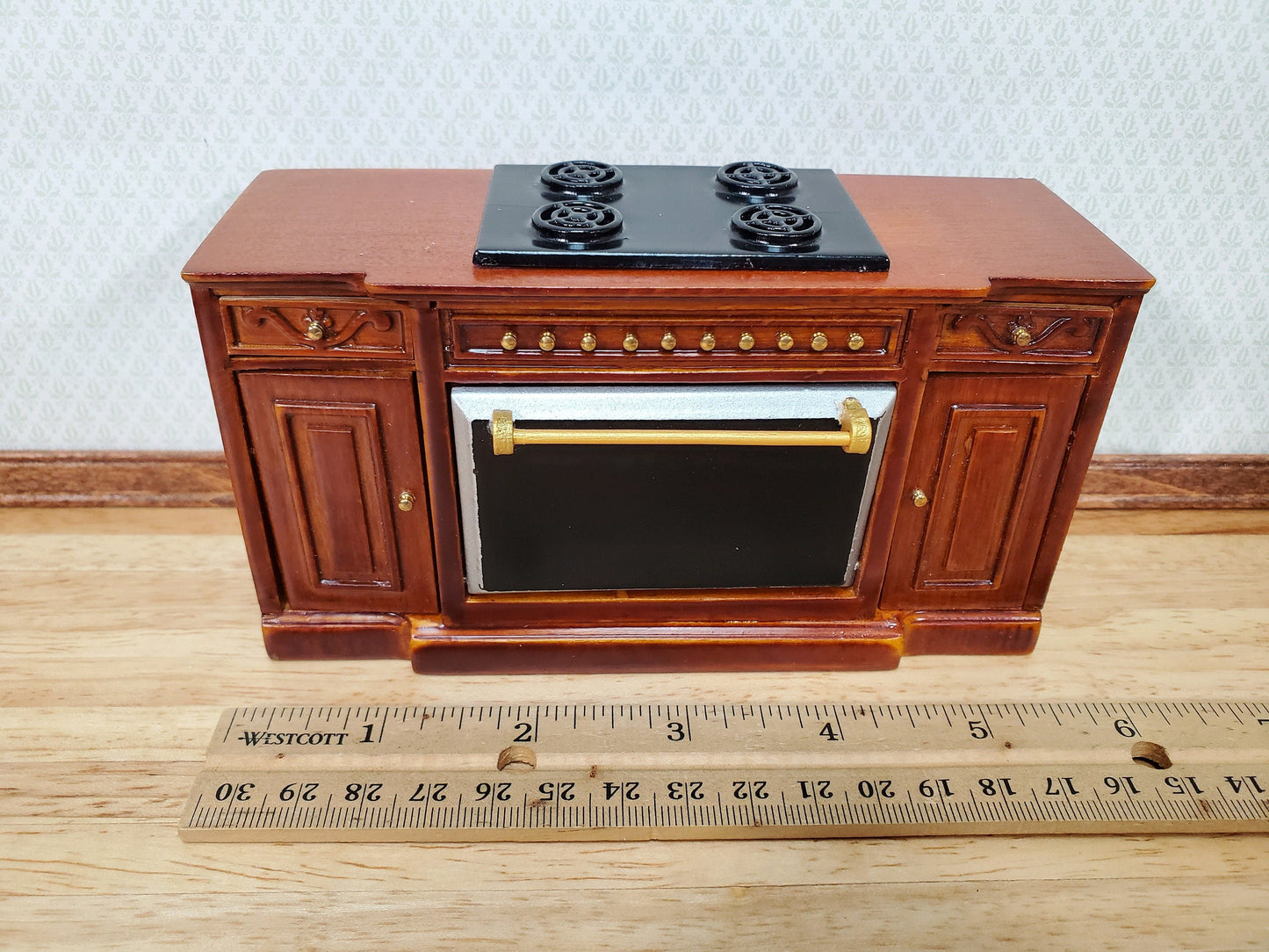 Dollhouse Stove Oven Cabinet Walnut Finish 1:12 Scale Miniature Kitchen Cupboard