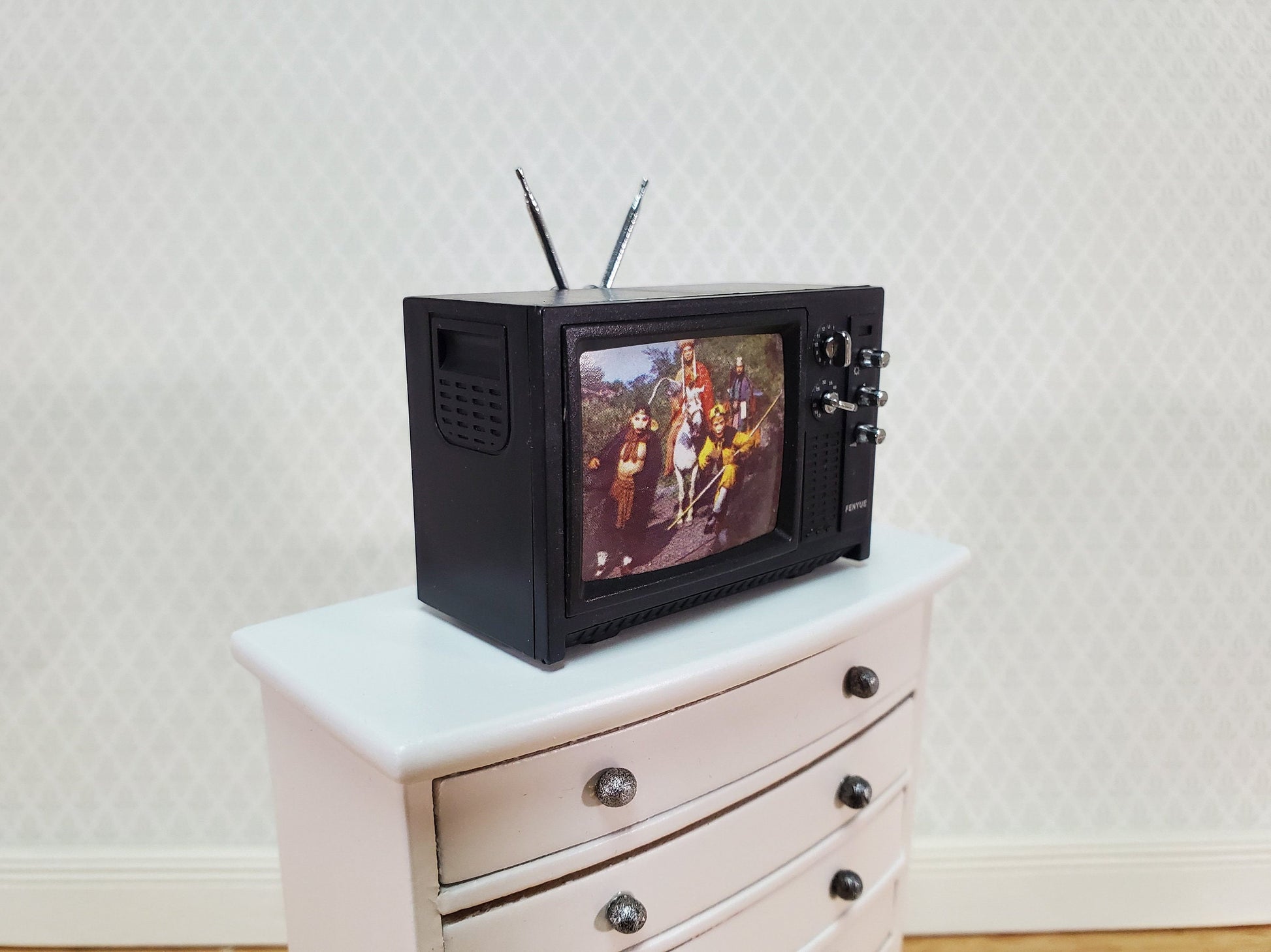 Dollhouse Television TV Set Retro 1970s Style Black Miniature Accessory