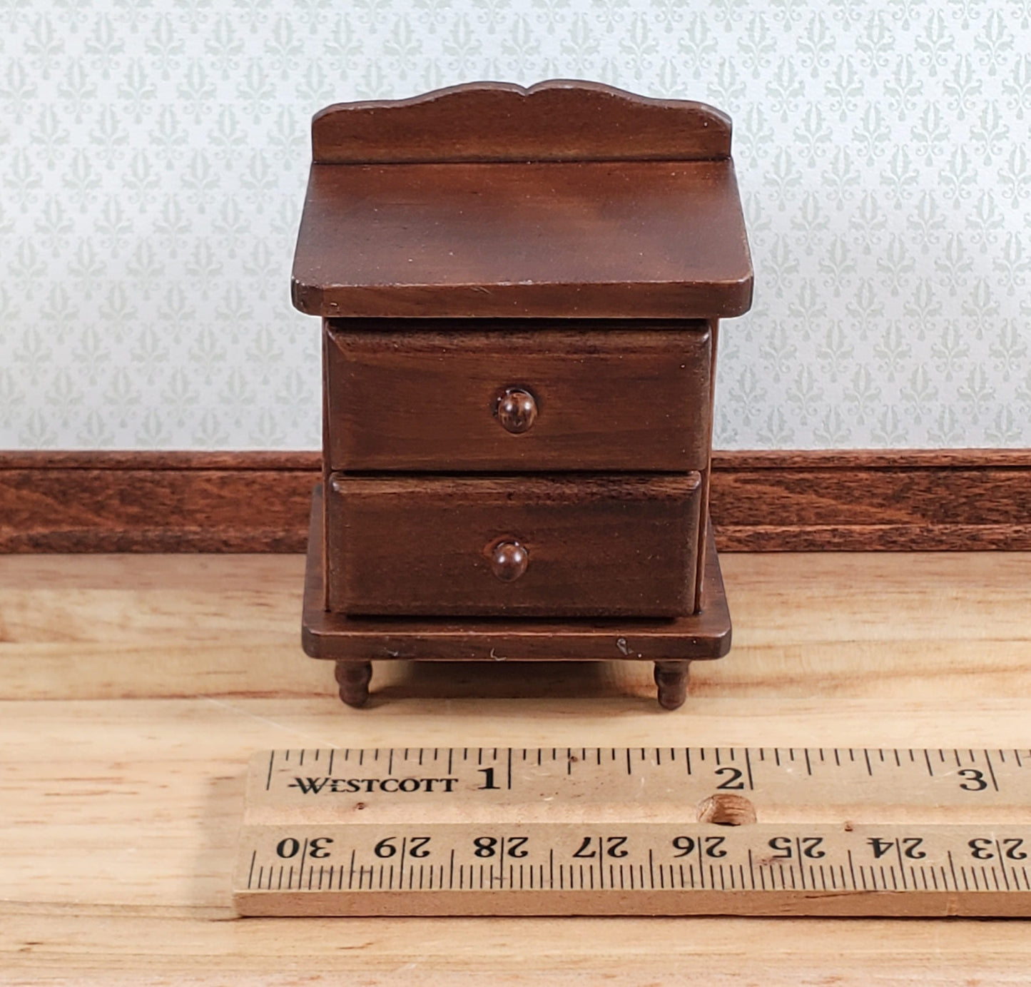Dollhouse Nightstand Side Table 2 Drawers Walnut Finish 1:12 Scale Miniature Furniture