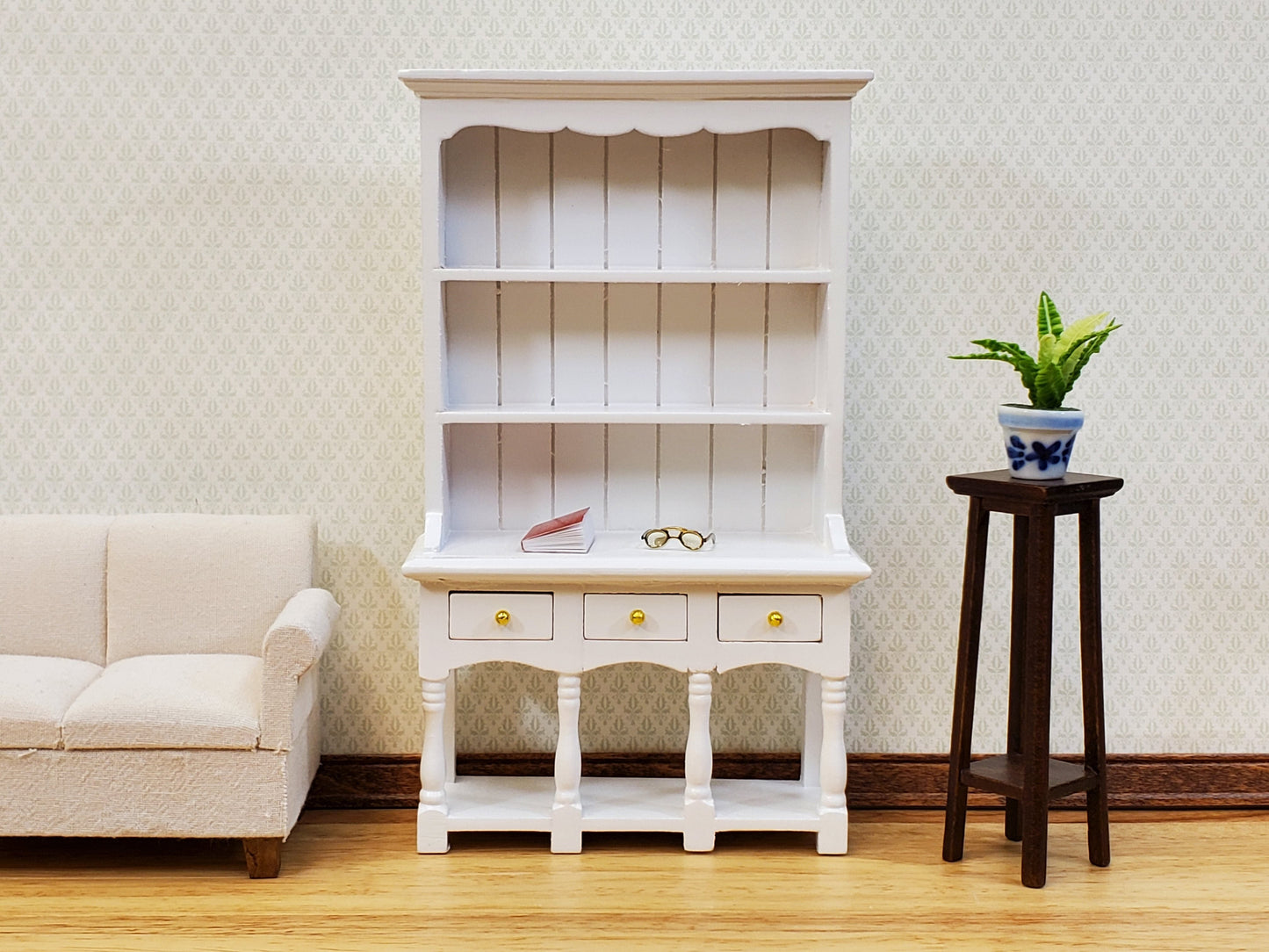 Dollhouse Kitchen Hutch Cupboard with Pot Shelf WHITE 1:12 Scale Furniture
