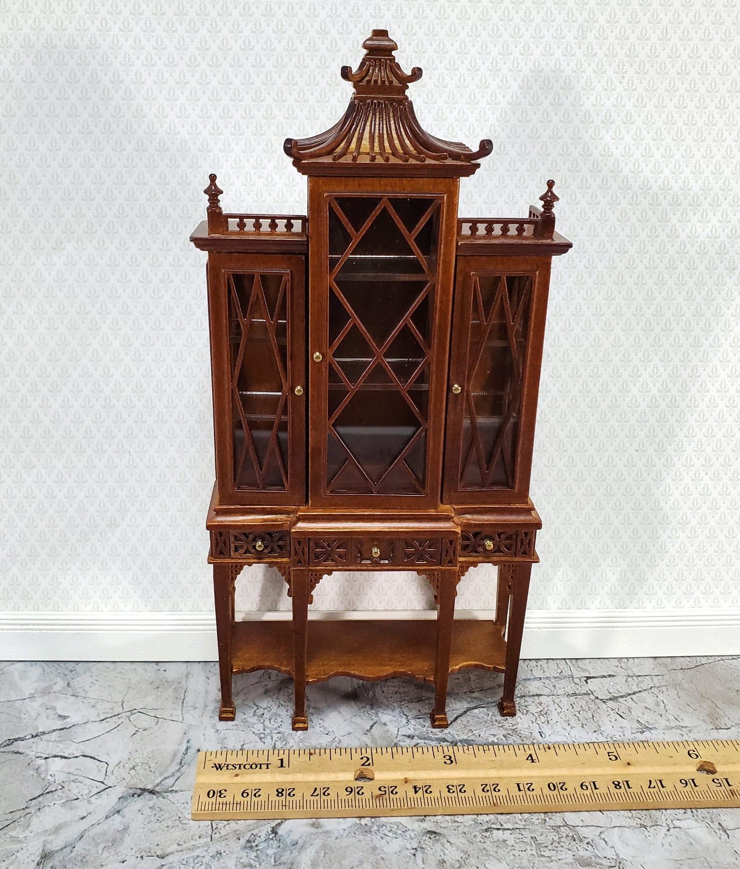 JBM Dollhouse Breakfront Display Cabinet Chippendale Style 1:12 Scale Furniture