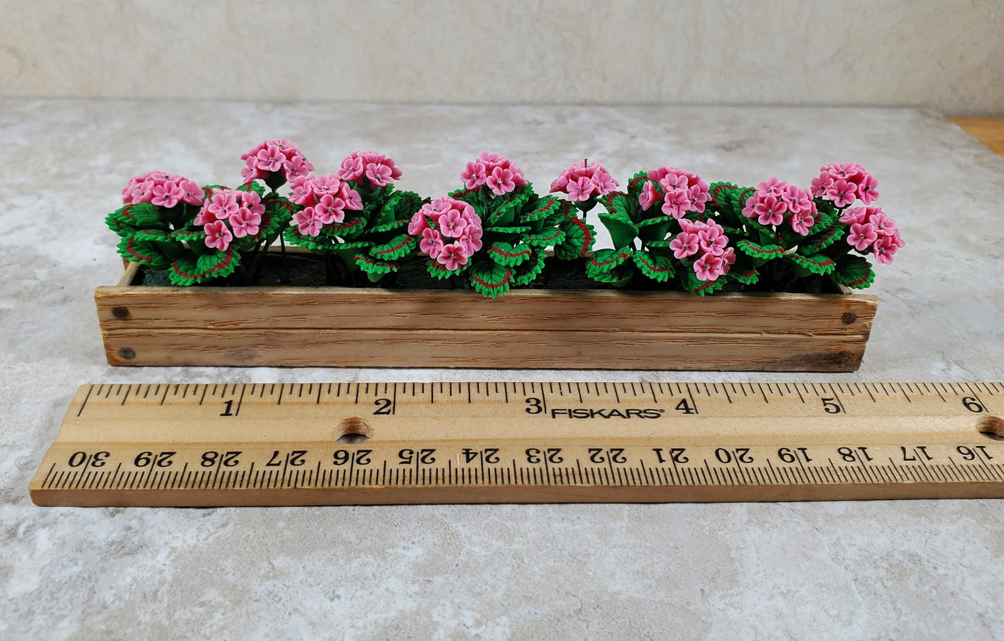 Dollhouse VPink Geraniums in 5.5" Wooden Window Box Planter 1:12 Scale Miniature