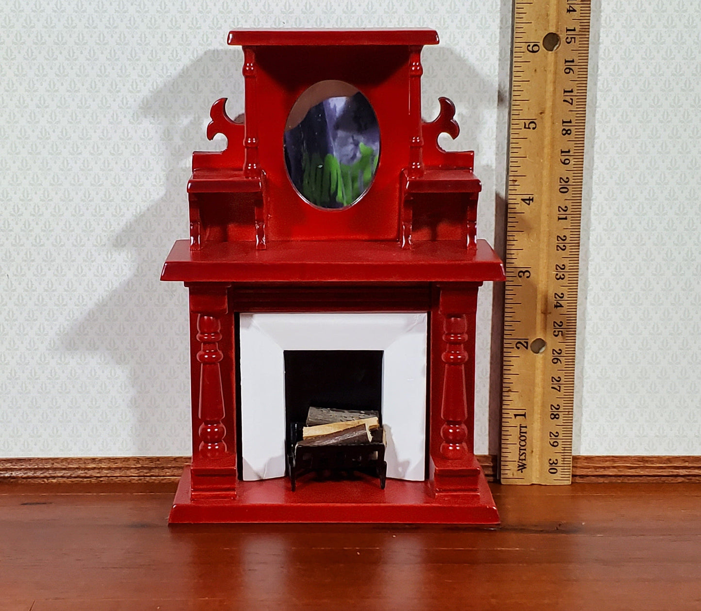 Dollhouse Fireplace Victorian with Mirror Wood with a Mahogany Finish 1:12 Scale Miniature Furniture