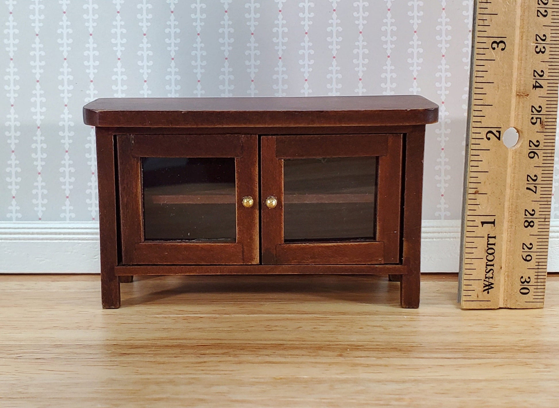 Dollhouse TV Media Stand Low Cabinet Modern Style Walnut Finish 1:12 Scale Miniature Furniture
