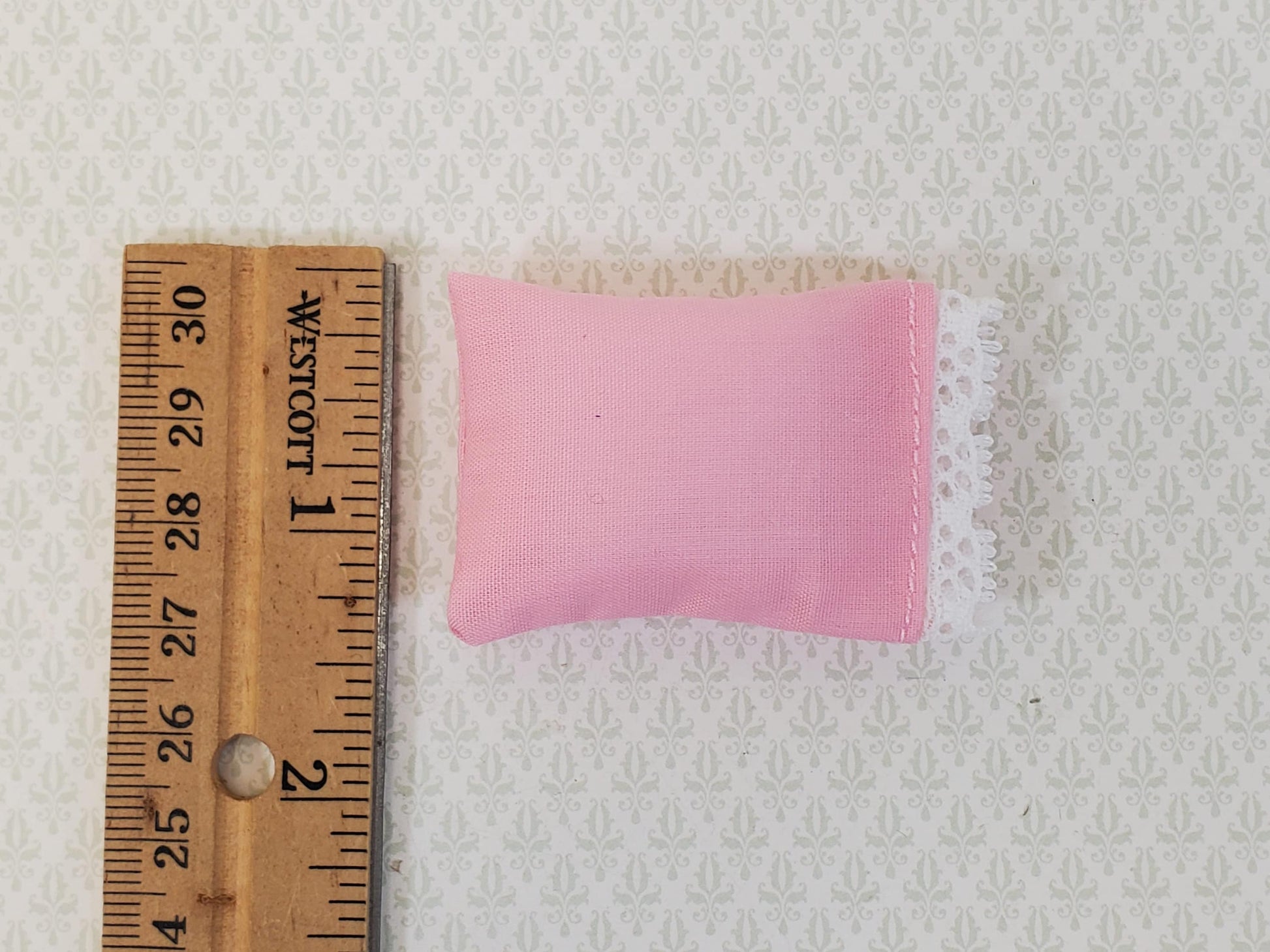 Miniature Pink Pillow with Lace for Dollhouse Bedroom 1:12 Scale 2"