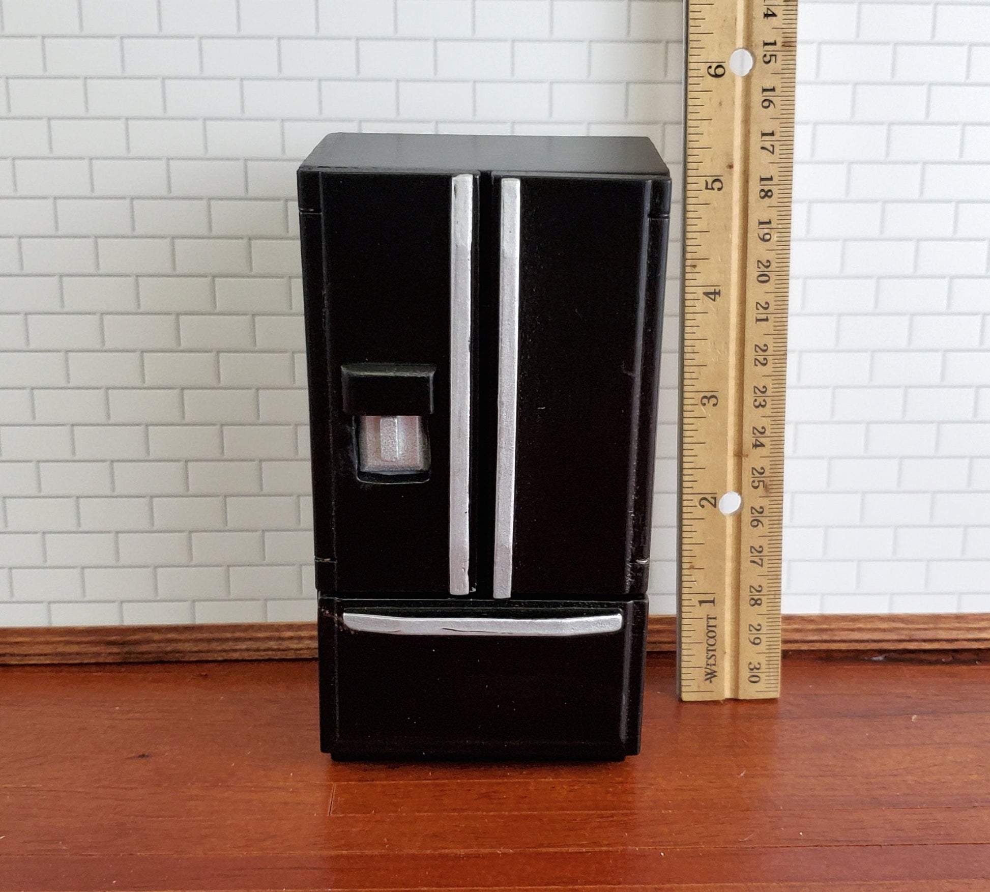 Dollhouse Miniature Fridge Modern Refrigerator Black 1:12 Scale Wood Furniture