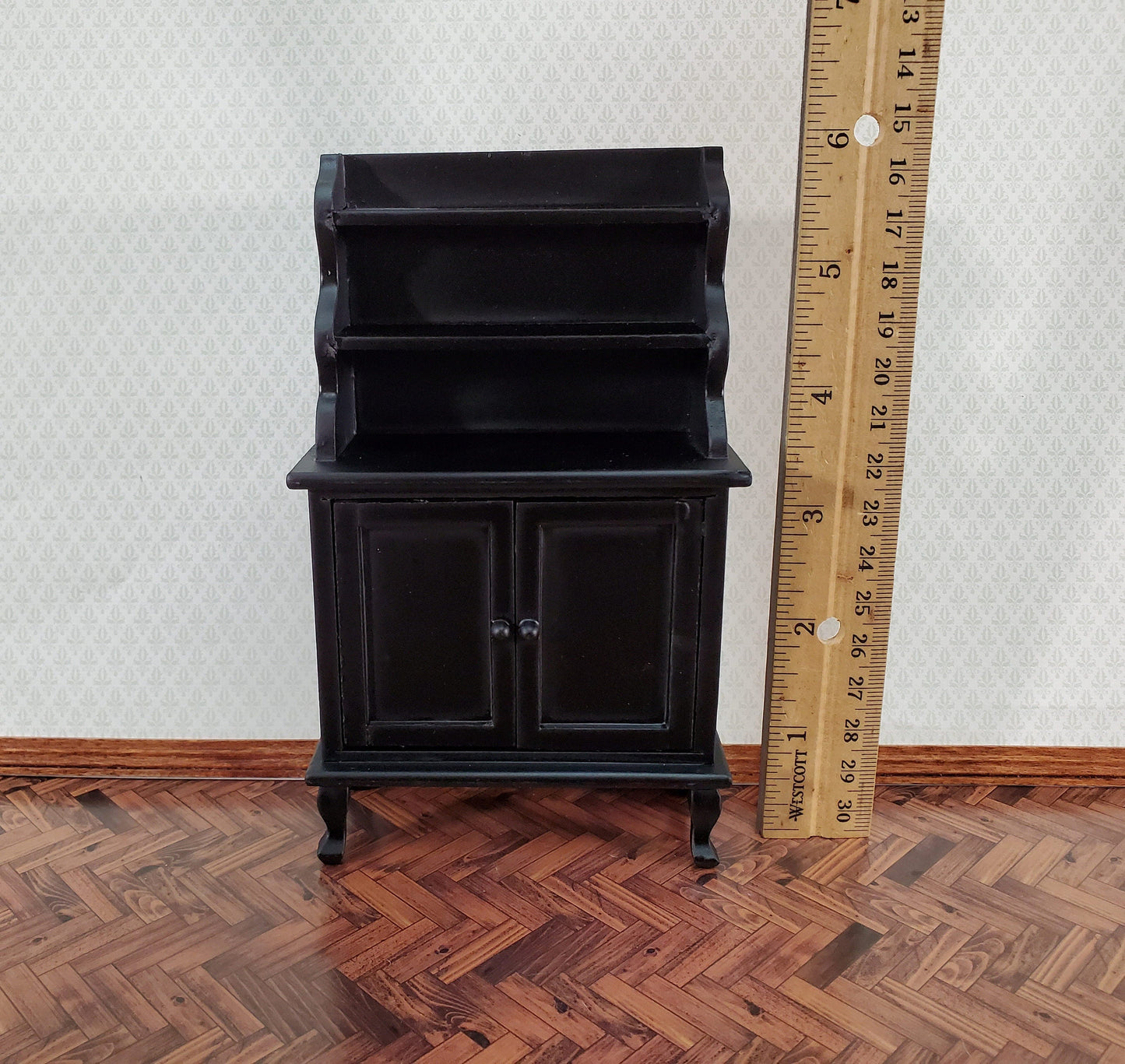 Dollhouse Tall Hutch Cabinet with Shelves Wood with a Black Finish 1:12 Scale Miniature Furniture
