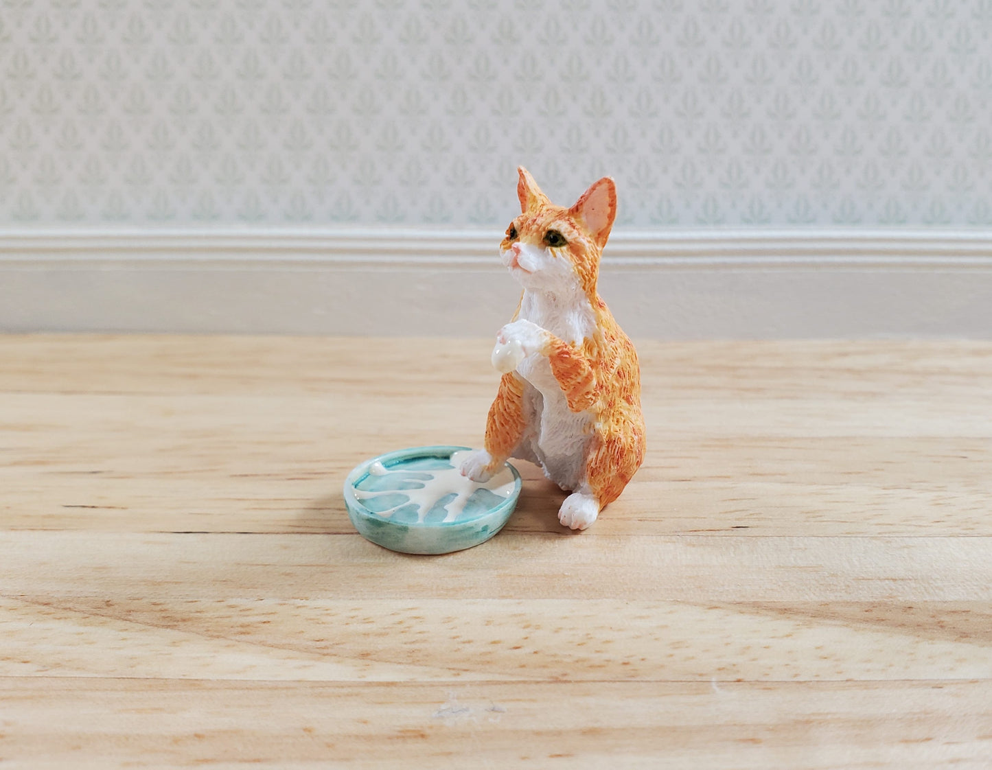 Miniature Kitty Cat Orange Tabby Stepping in Milk Dish 1:12 by Falcon Miniatures