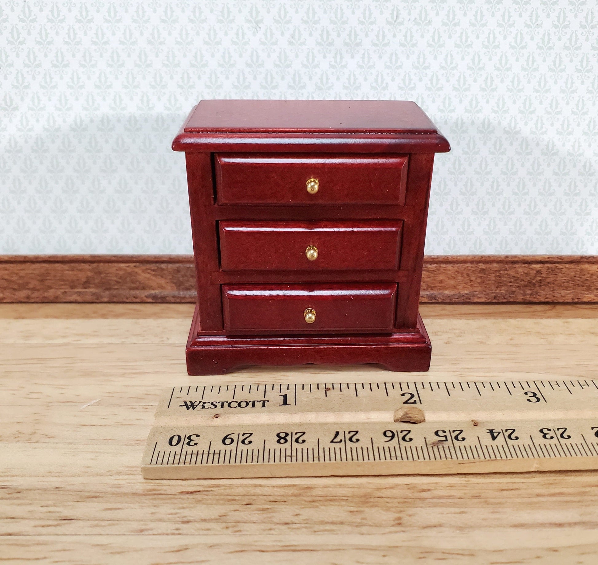 Dollhouse Nightstand Side Table Mahogany 3 Drawers 1:12 Scale Miniature Furniture