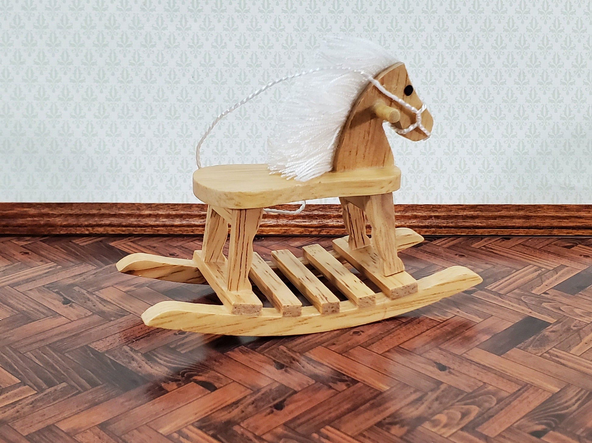 Dollhouse Rocking Horse Toy Light Oak Finish 1:12 Scale Miniature Wood for Nursery