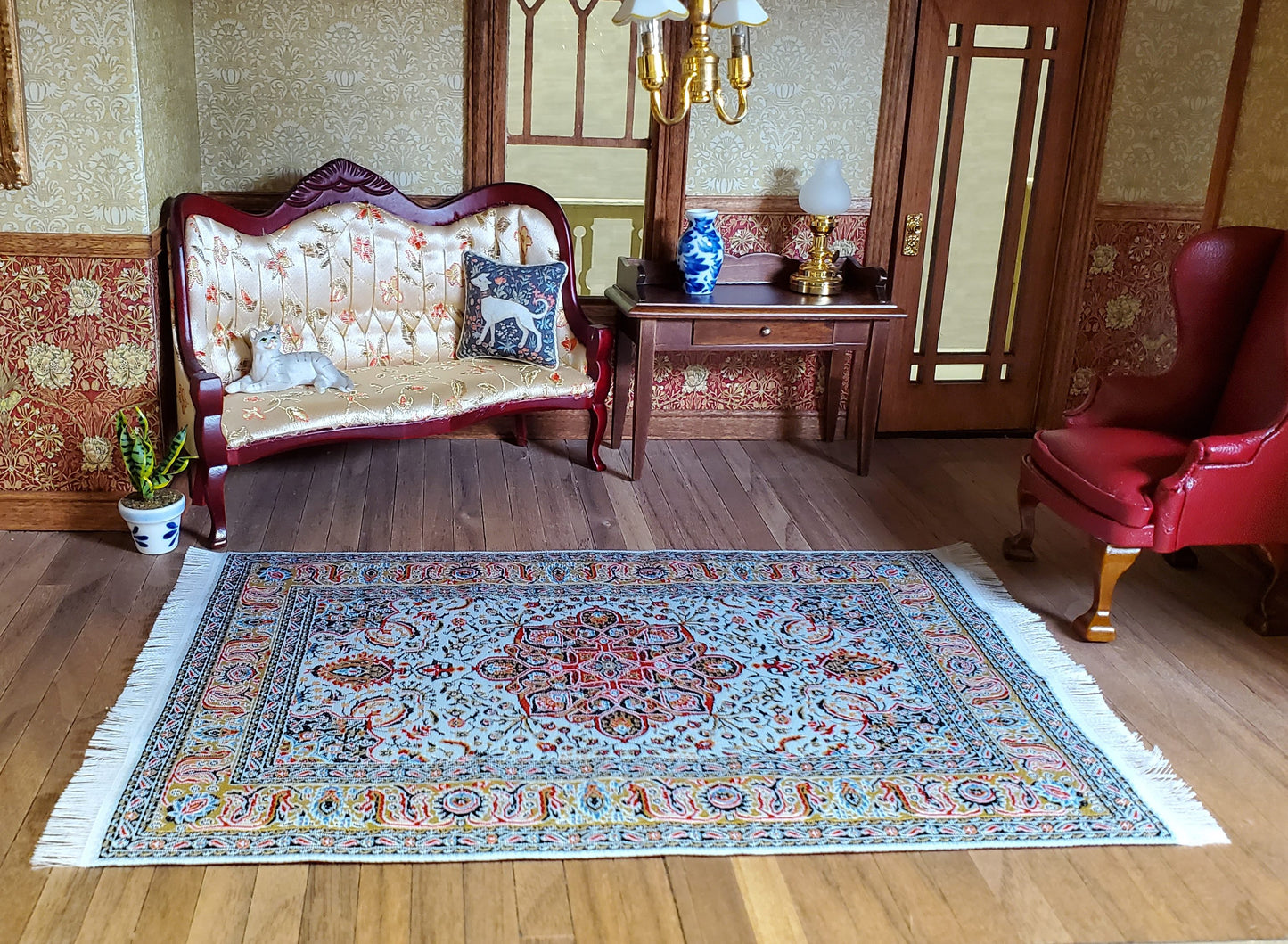Dollhouse Rug Woven Fabric Large Red Gold White 1:12 Scale Miniature