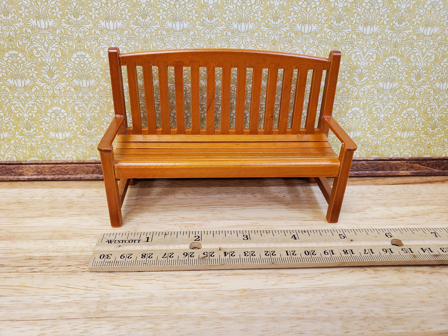 Dollhouse Garden Bench Large Classic Style Wood with Walnut Finish 1:12 Scale Miniature Furniture