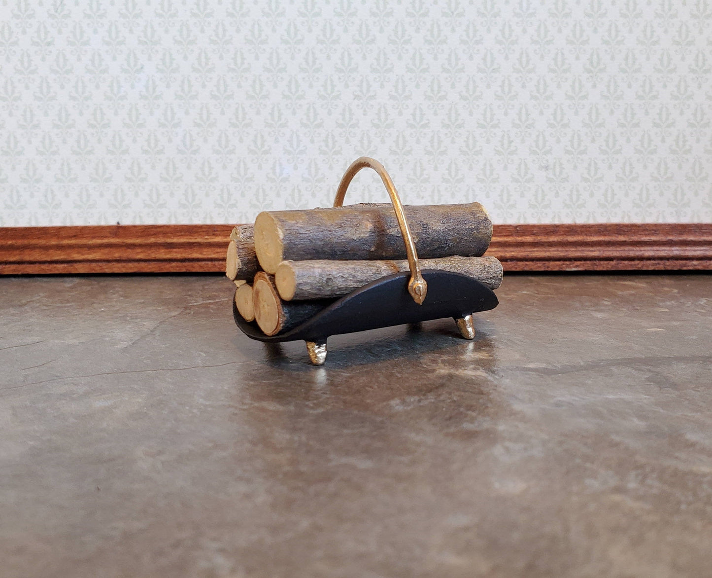 Dollhouse Miniature Fireplace Log Rack Holder with Logs Black Gold Metal 1:12 Scale