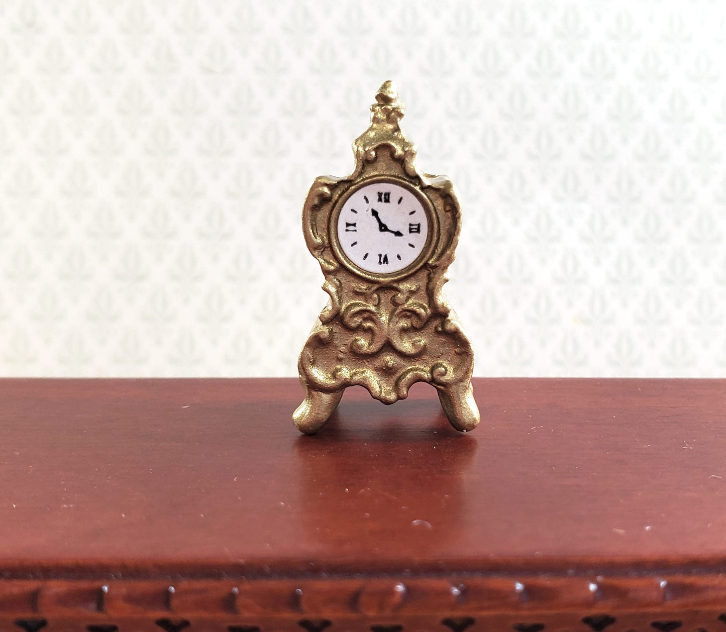 Dollhouse Mantle Clock Gold Fancy Victorian Style 1:12 Scale Miniature