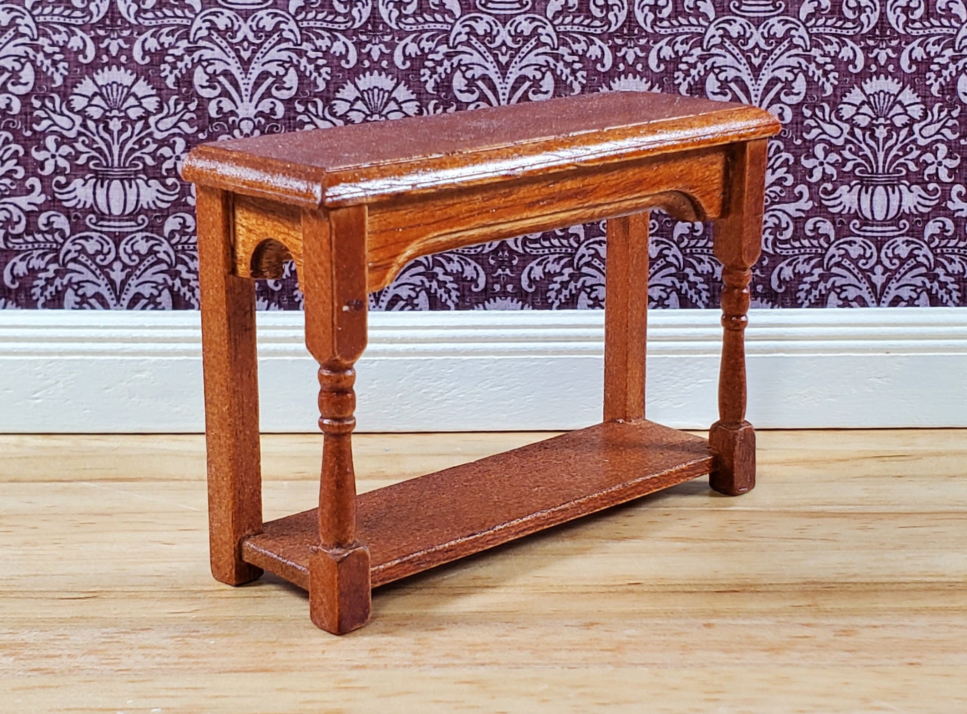 Dollhouse Small Side Table Walnut with Lower Shelf 1:12 Scale Miniature