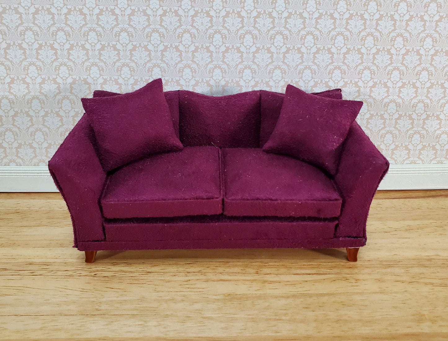 Dollhouse Sofa Couch Plum Burgundy Modern Style 1:12 Scale Miniature Furniture