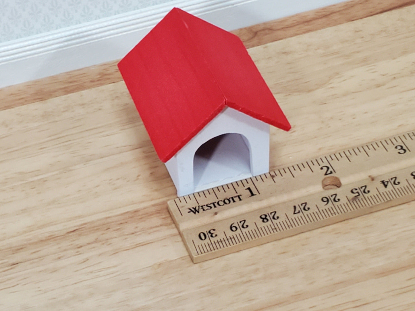 Dollhouse HALF SCALE Dog House Kennel Small Wood 1:14 Scale Miniature Red and White