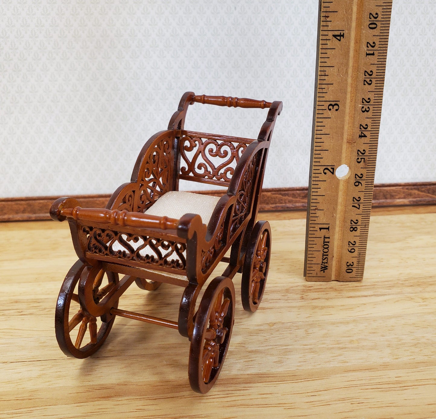Dollhouse Baby Carriage Stroller Victorian Style 1:12 Scale Furniture Walnut Finish