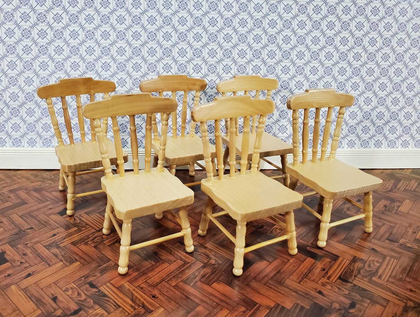 Dollhouse Kitchen Chairs Spindle Back Set of 6 Light Oak 1:12 Scale Miniature Furniture