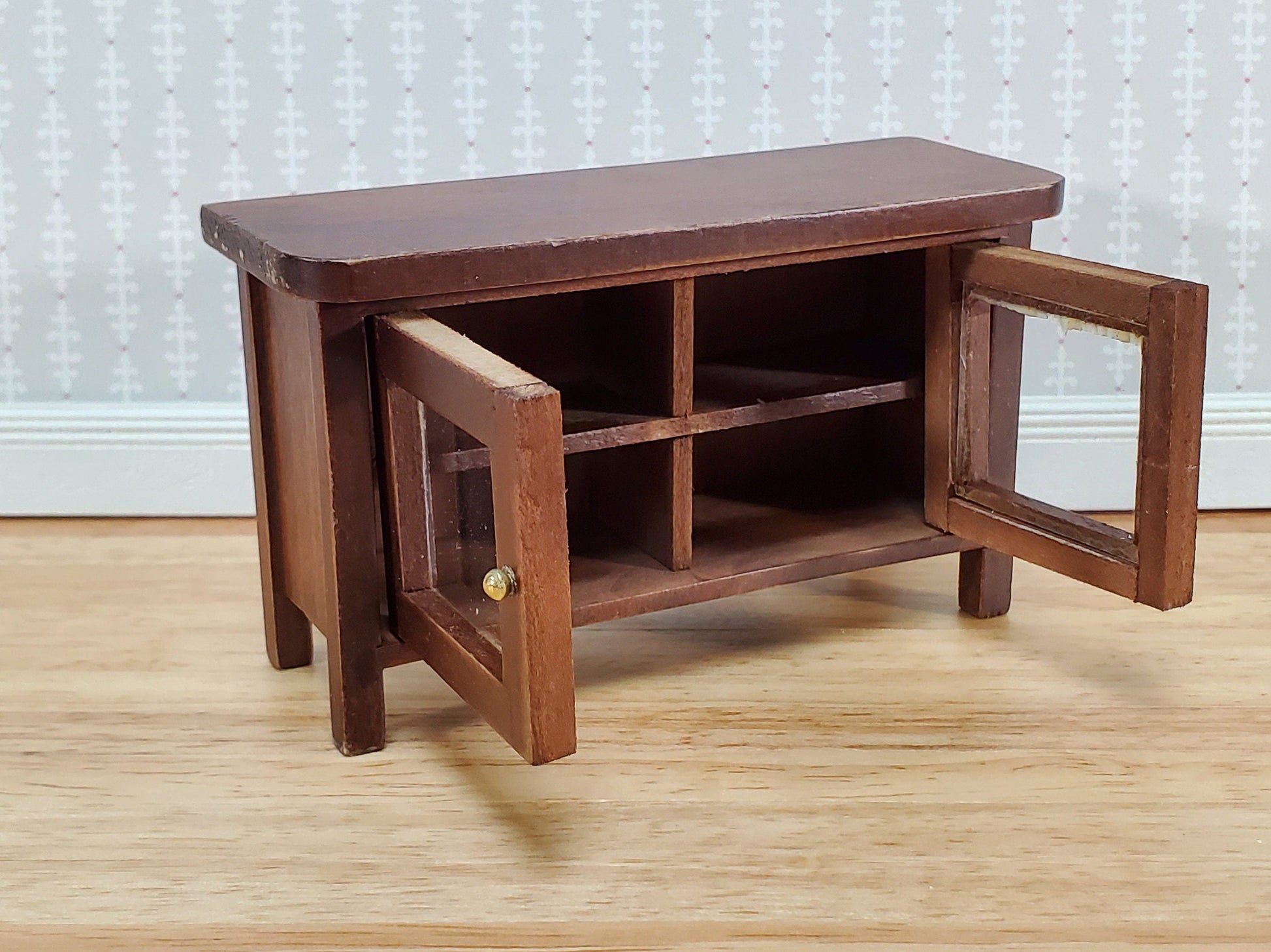 Dollhouse TV Media Stand Low Cabinet Modern Style Walnut Finish 1:12 Scale Miniature Furniture