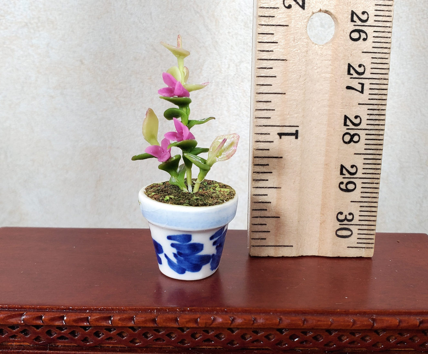Dollhouse Potted Plant with Pink Flowers in Blue & White Pot 1:12 Scale Miniature