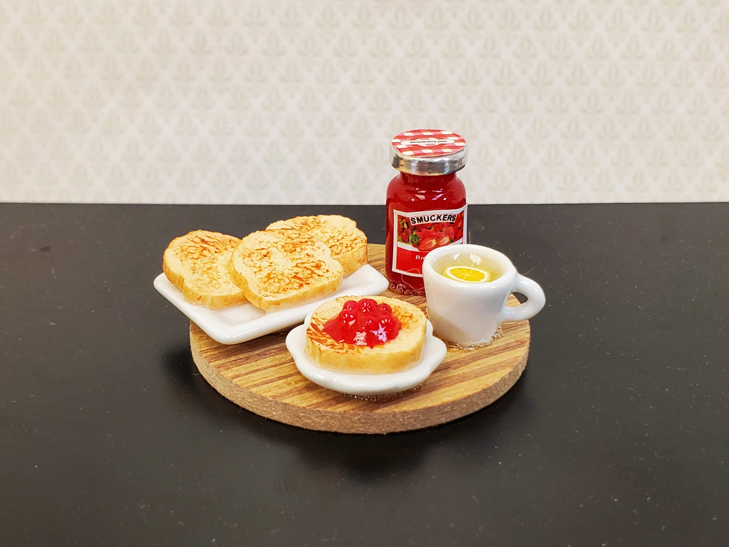 Dollhouse Toast Set with Jelly Plates &Tea on Cutting Board 1:12 Scale Miniature Food Kitchen