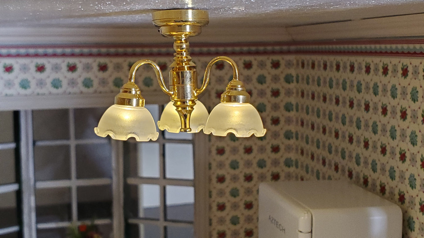 Dollhouse Chandelier Battery Ceiling Light 3 Arm Flower 1:12 Scale Miniature