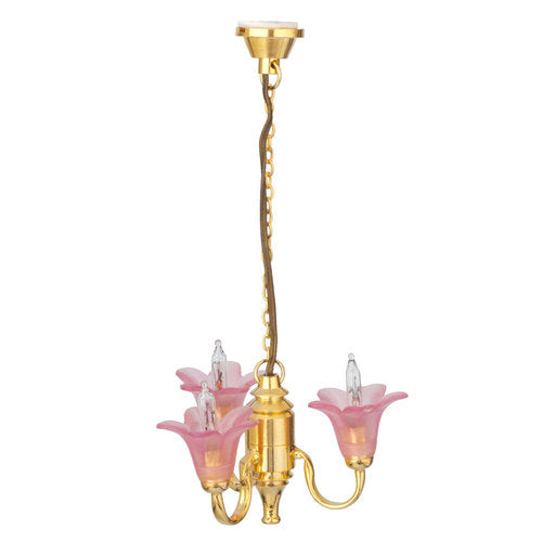Dollhouse Pink Chandelier Flower Shade 3 Arm 12 Volt with Plug 1:12 Scale HW2736