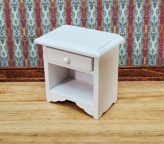 Dollhouse Nightstand Side Table with Drawer White Wood 1:12 Scale Miniature Furniture