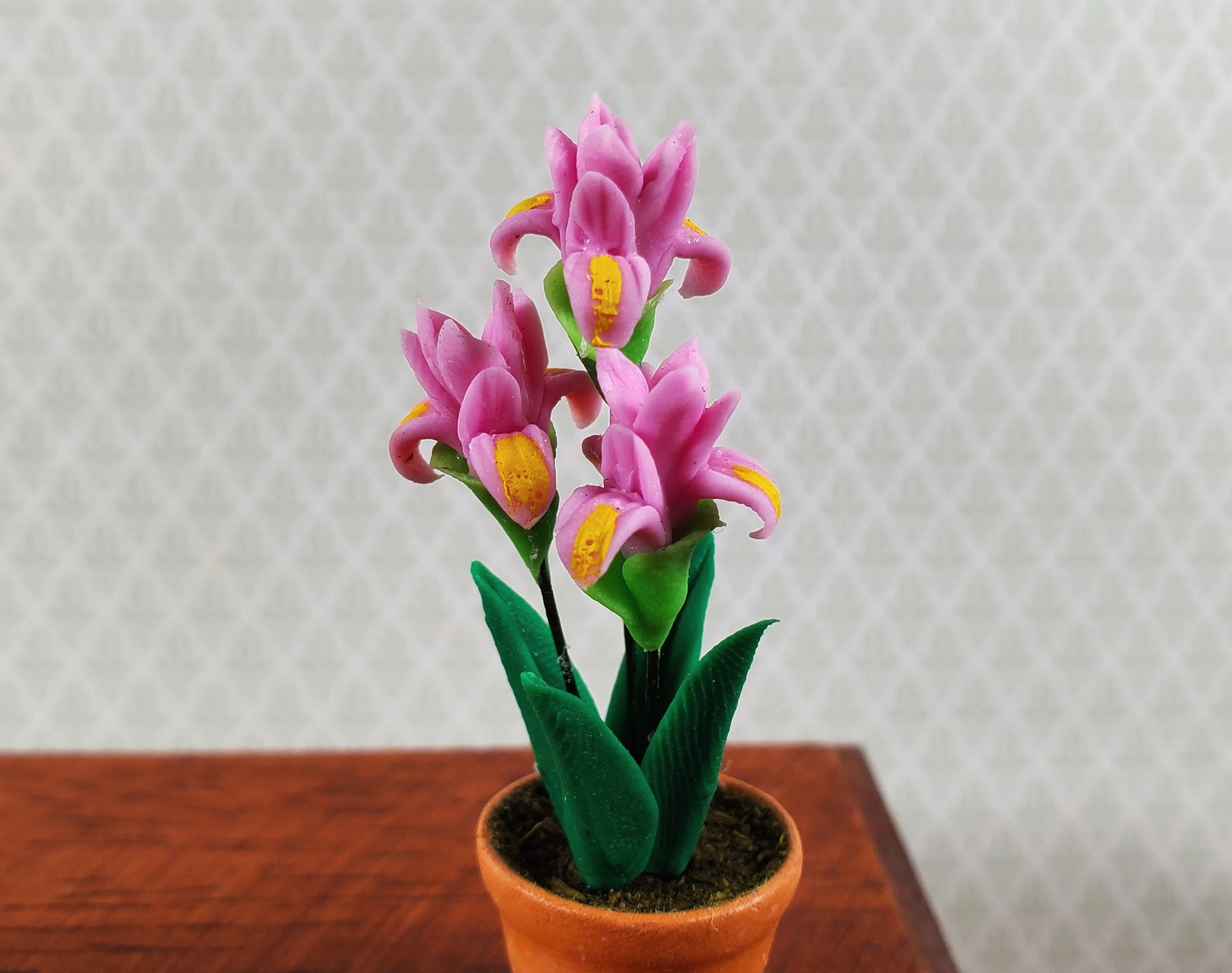 Dollhouse Bearded Iris Plant Pink Terra Cotta Pot 1:12 Scale Miniature Flowers