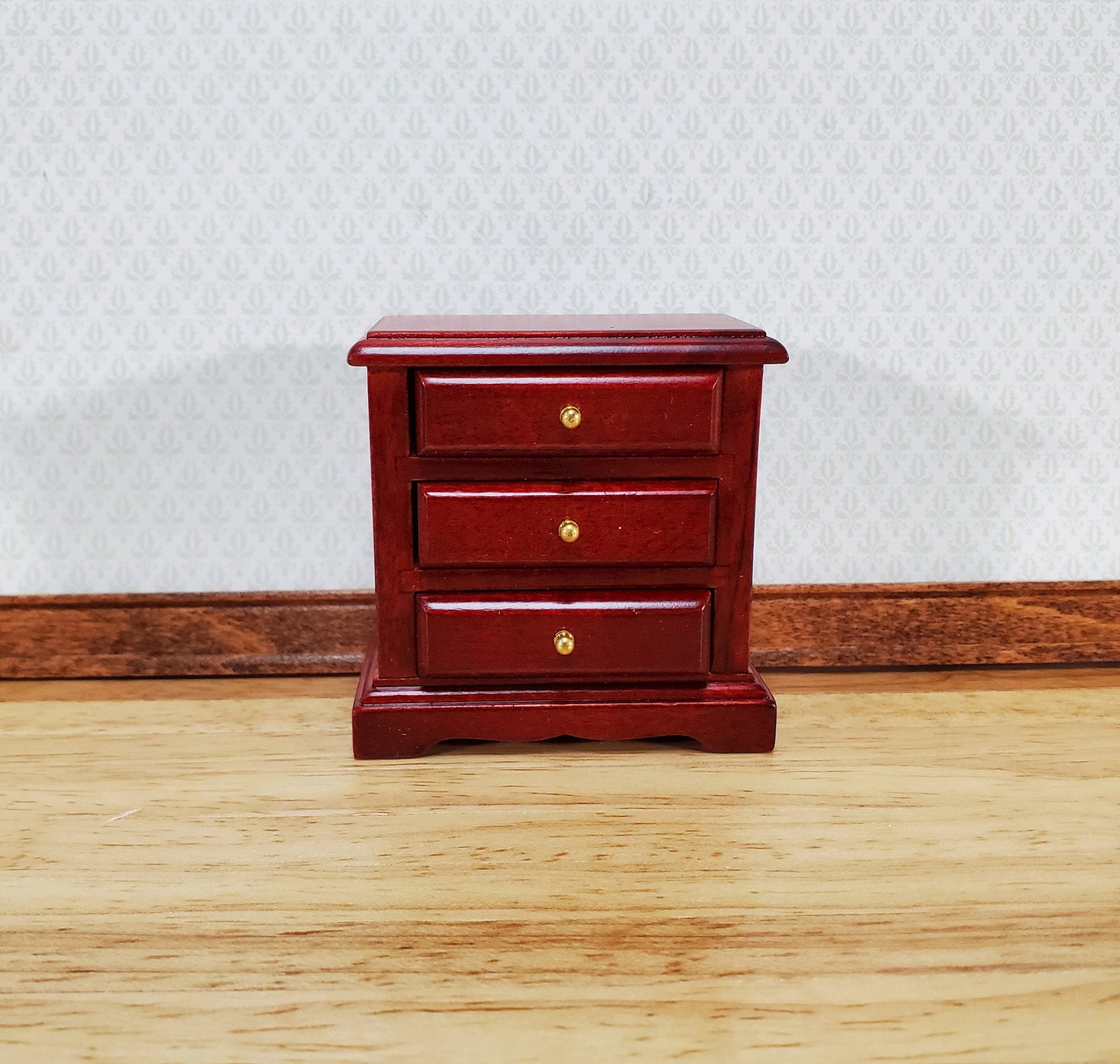 Dollhouse Nightstand Side Table Mahogany 3 Drawers 1:12 Scale Miniature Furniture