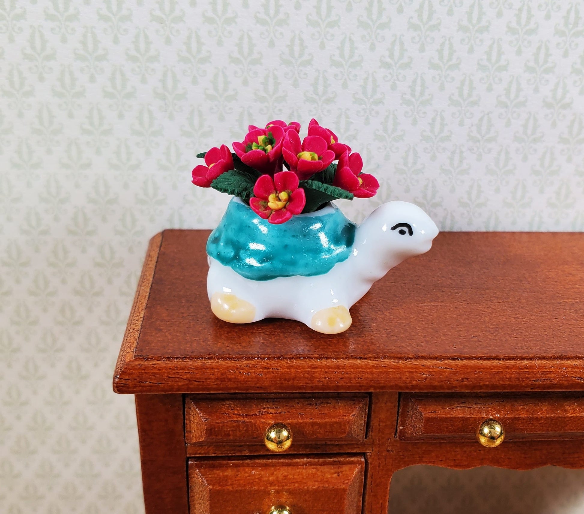 Dollhouse Magenta Flowers in a Ceramic Turtle Planter 1:12 Scale Miniature