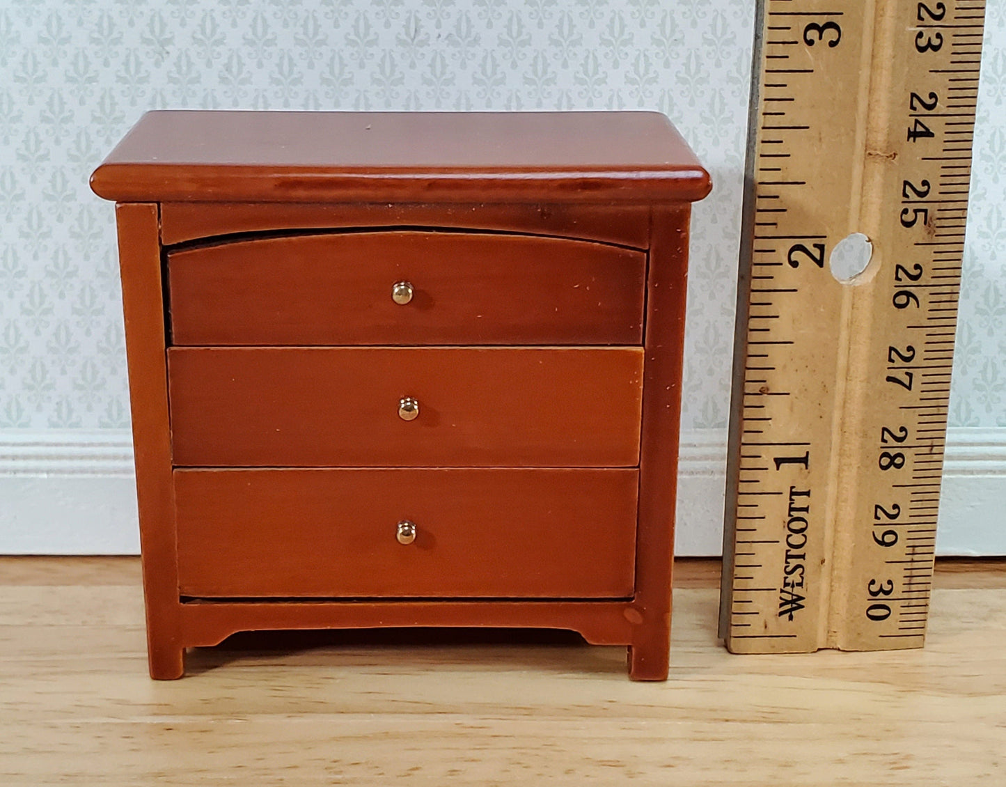 Dollhouse Modern Night Stand Dresser 3 Drawer Walnut Finish 1:12 Scale Miniature Furniture