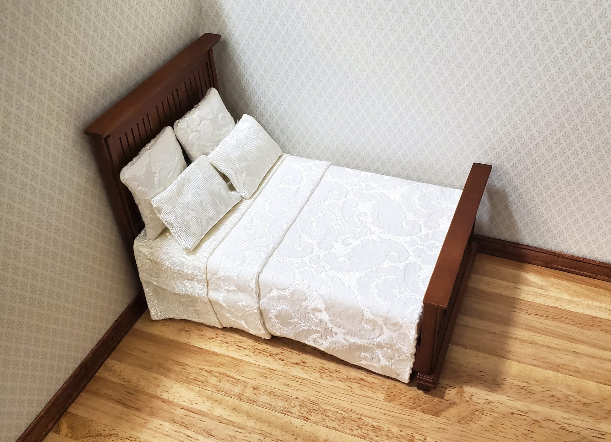 JBM Dollhouse Bed Farmhouse Country Style Walnut Finish 1:12 Miniature Furniture