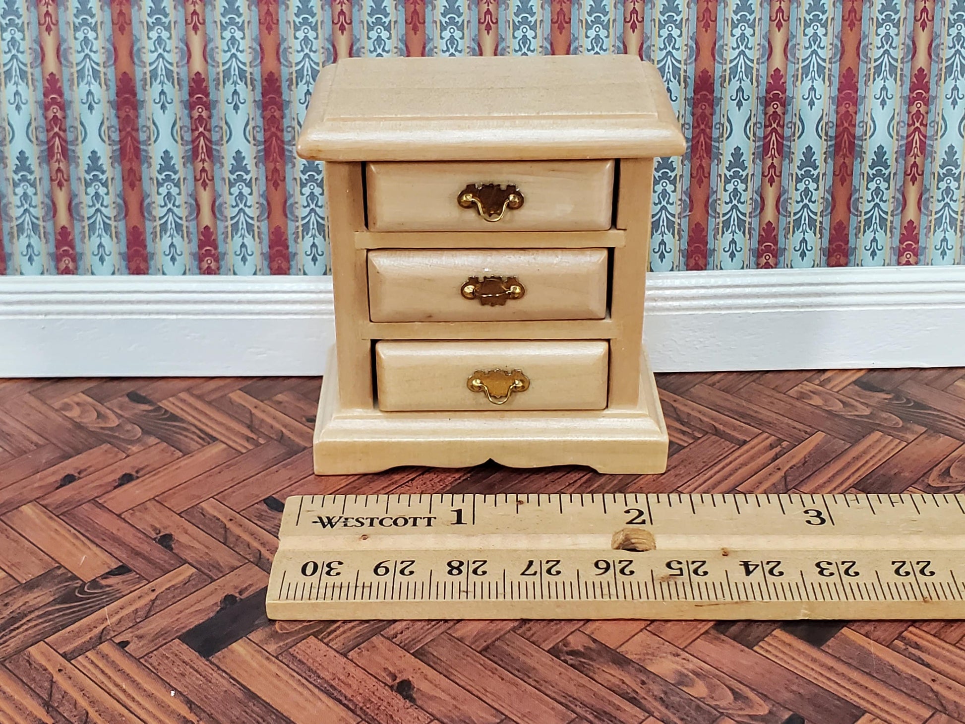 Dollhouse Side Table or Nightstand with 3 Drawers Light Oak 1:12 Scale Miniature Furniture