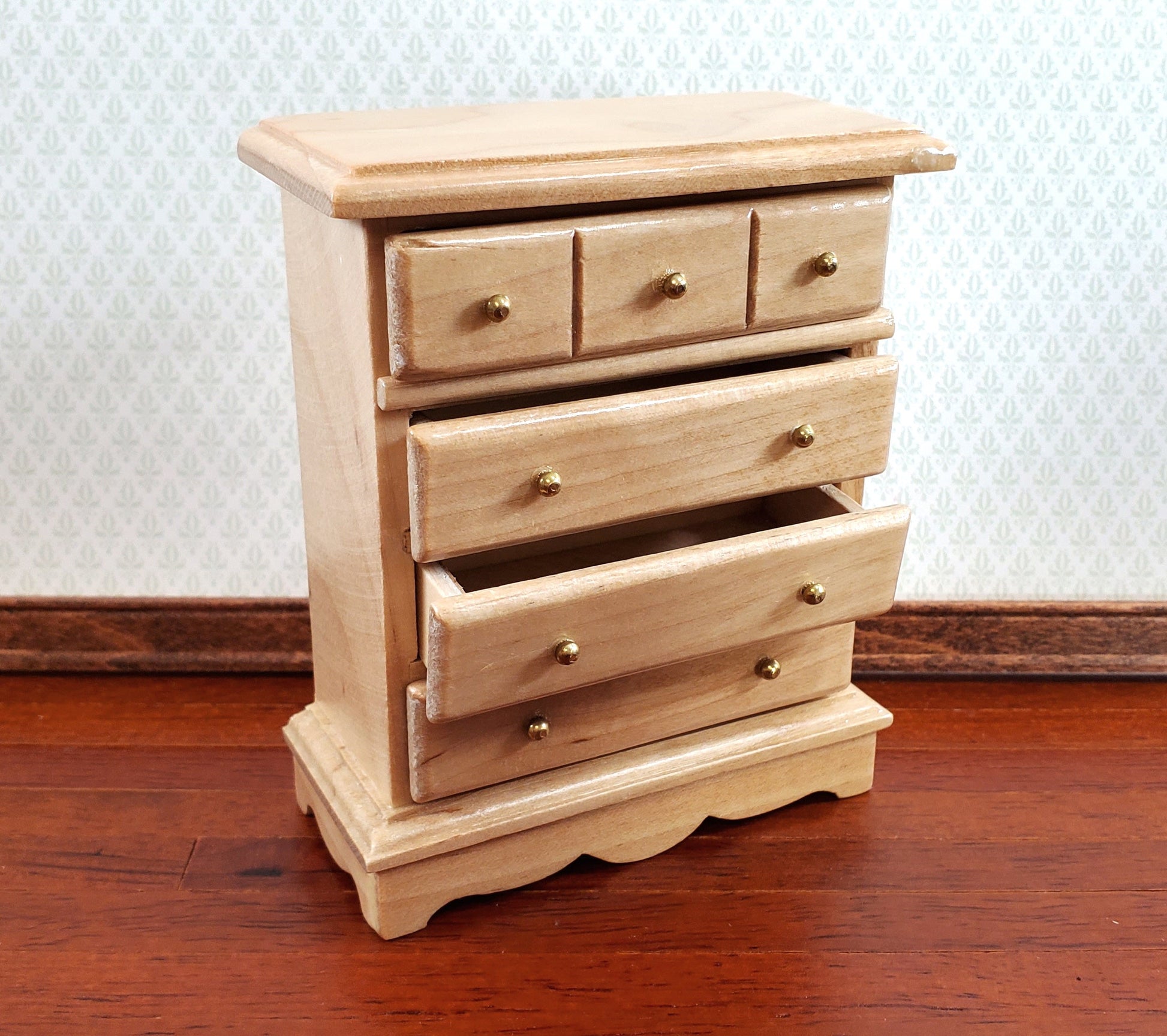 Dollhouse Miniature Dresser Chest Tall 4 Drawer 1:12 Scale Light Oak Finish