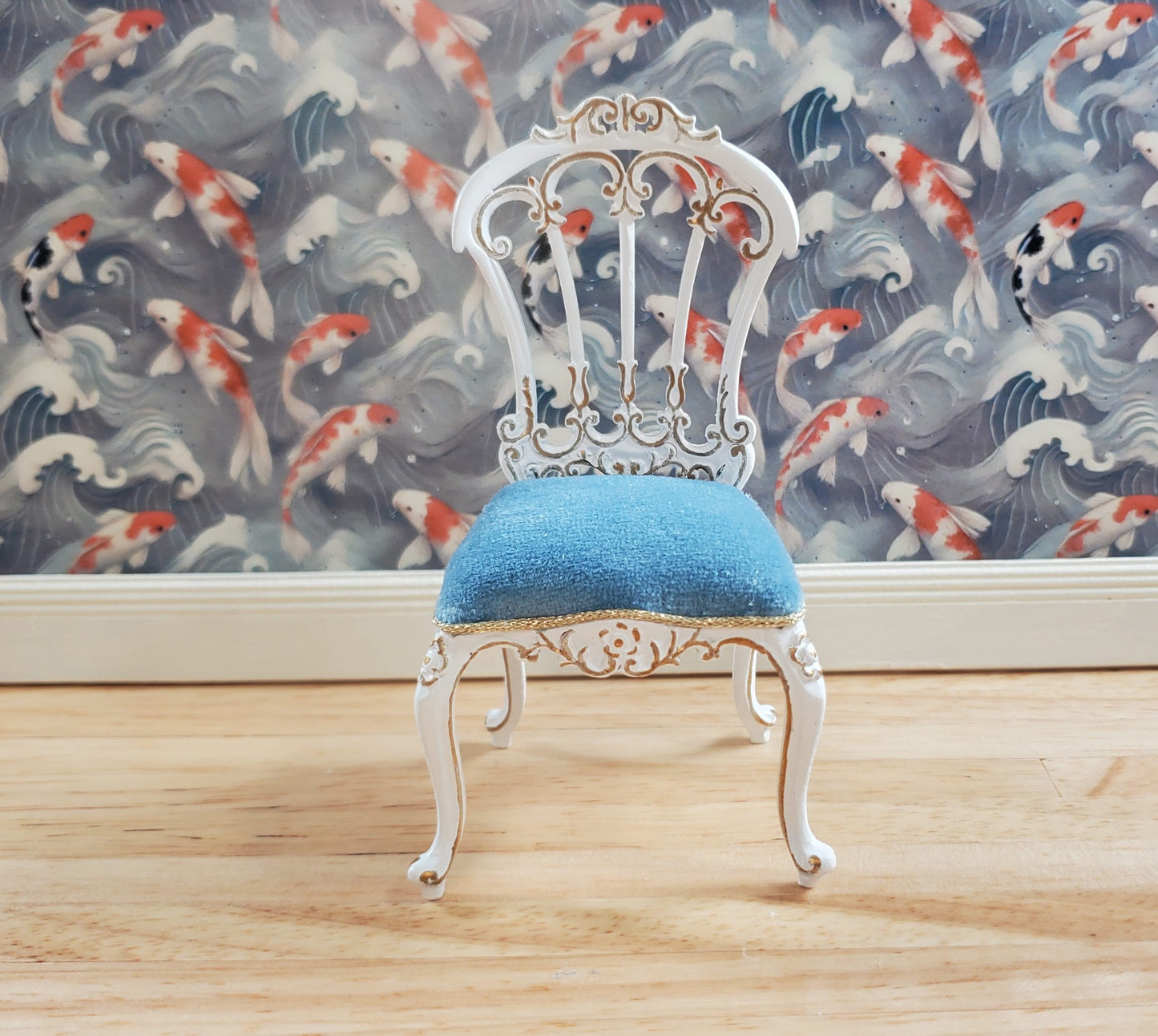 JBM Dollhouse Victorian Dressing Chair White Gold Blue 1:12 Scale Furniture