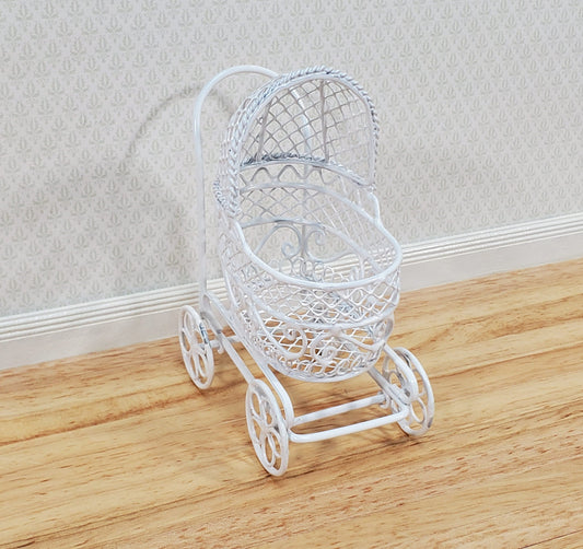Dollhouse Pram Stroller Carriage White Metal Wire 1:12 Scale Nursery Miniature Furniture