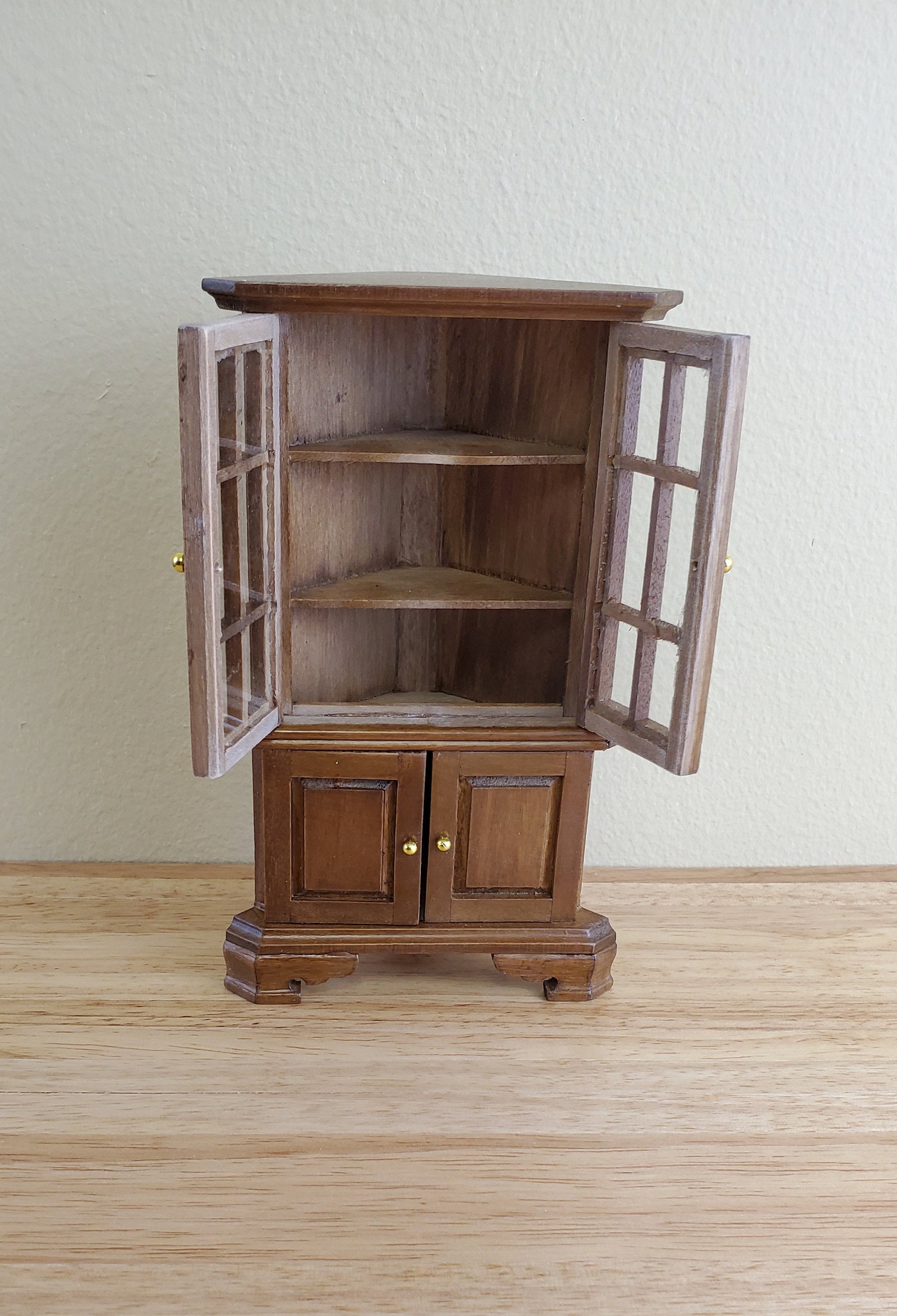 Dollhouse Miniature Corner Kitchen Hutch Walnut Finish 1:12 Scale Furniture