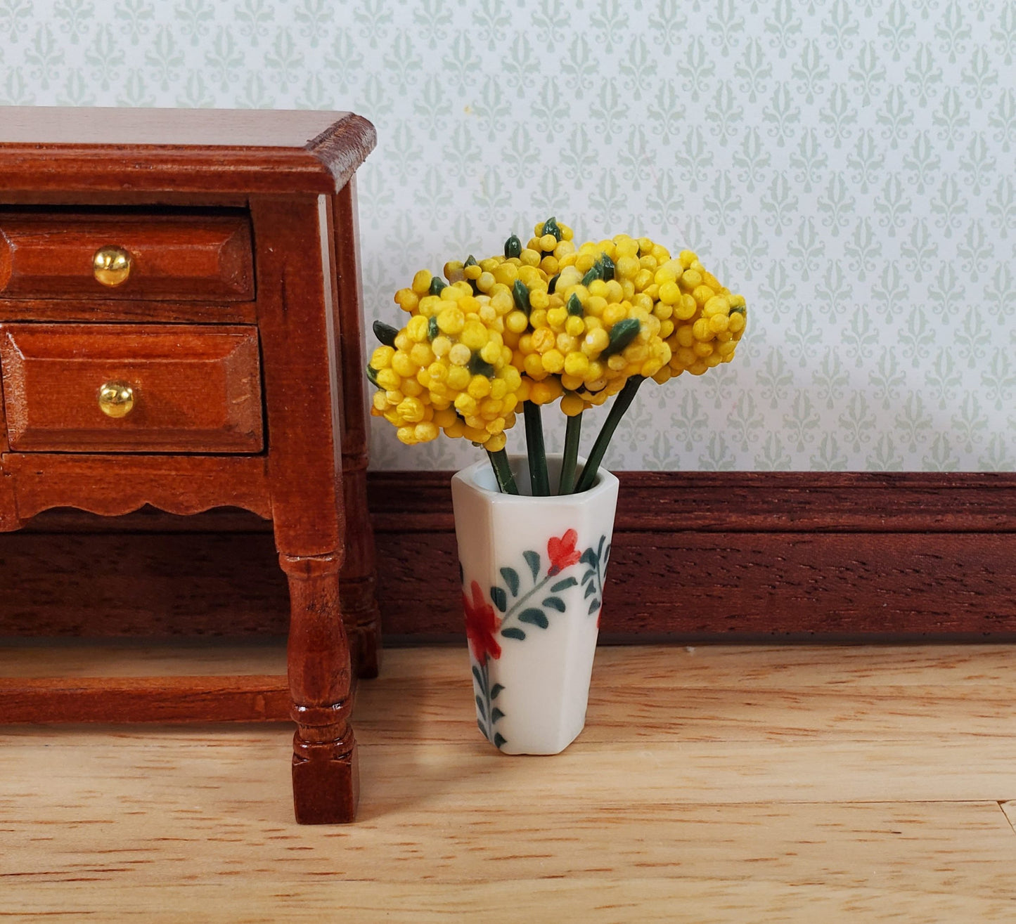 Dollhouse Large Vase White Ceramic Red Flower Design Use in 1:12 or 1/6 Scale