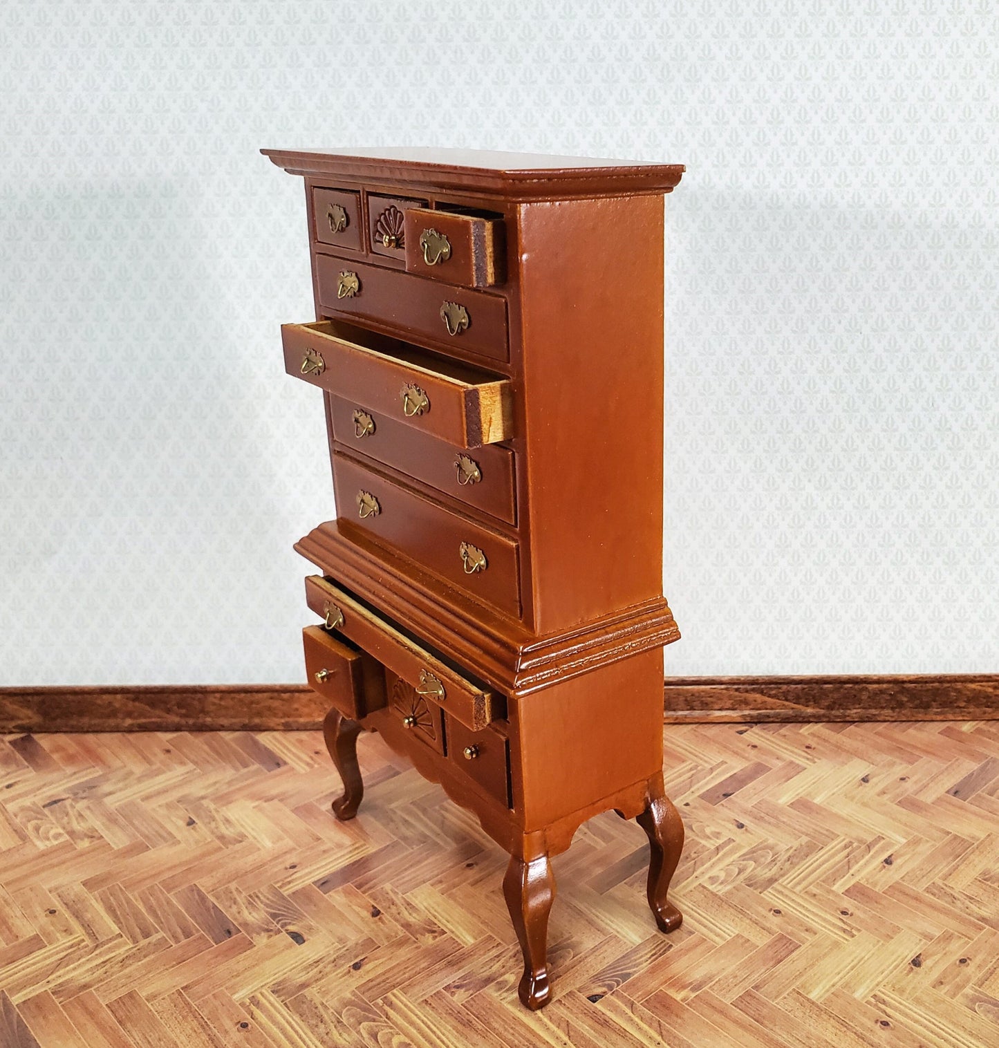Dollhouse Highboy Dresser Queen Anne Victorian Walnut Finish 1:12 Scale Miniature Furniture