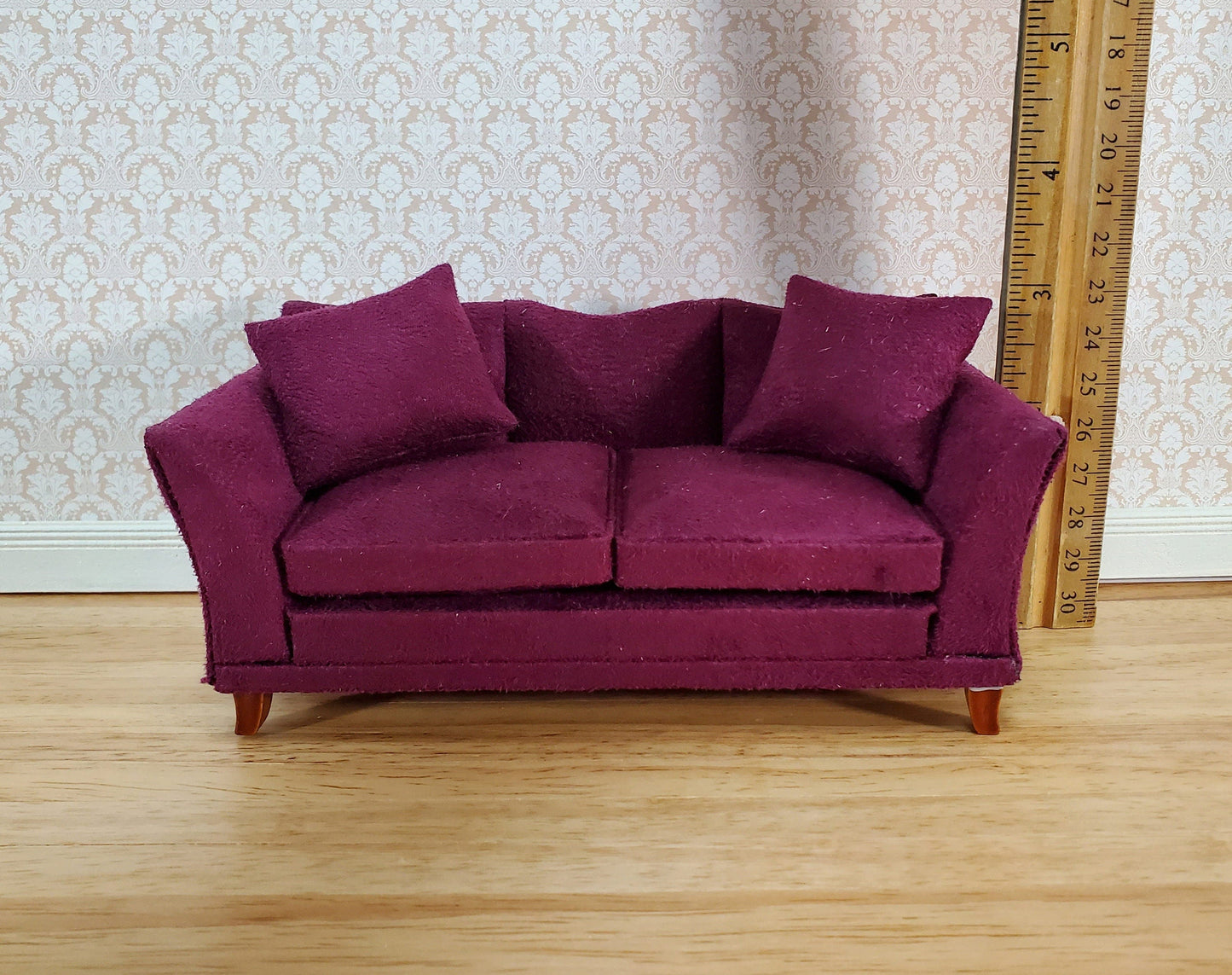 Dollhouse Sofa Couch Plum Burgundy Modern Style 1:12 Scale Miniature Furniture