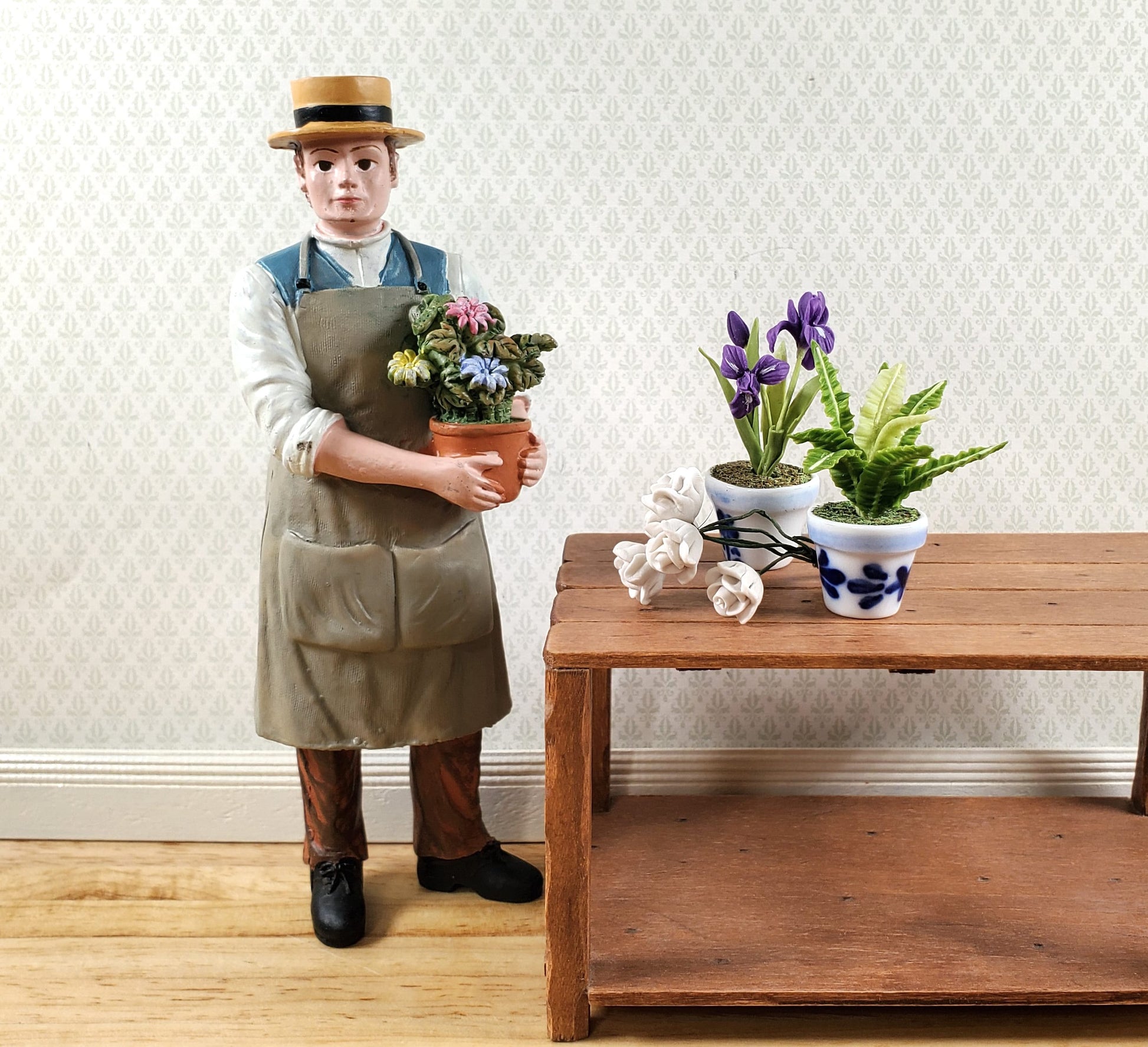 Dollhouse Man Florist Gardener Standing with Flowers 1:12 Scale Miniature Doll