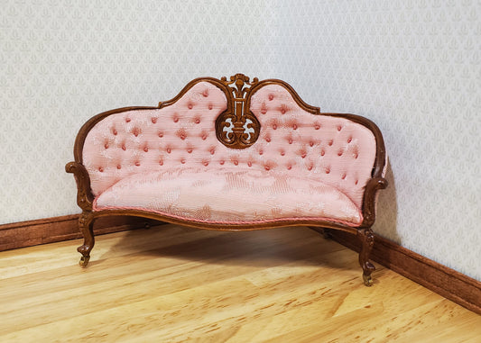 JBM Dollhouse Pink Settee Sofa Victorian Style Walnut Finish 1:12 Scale Couch