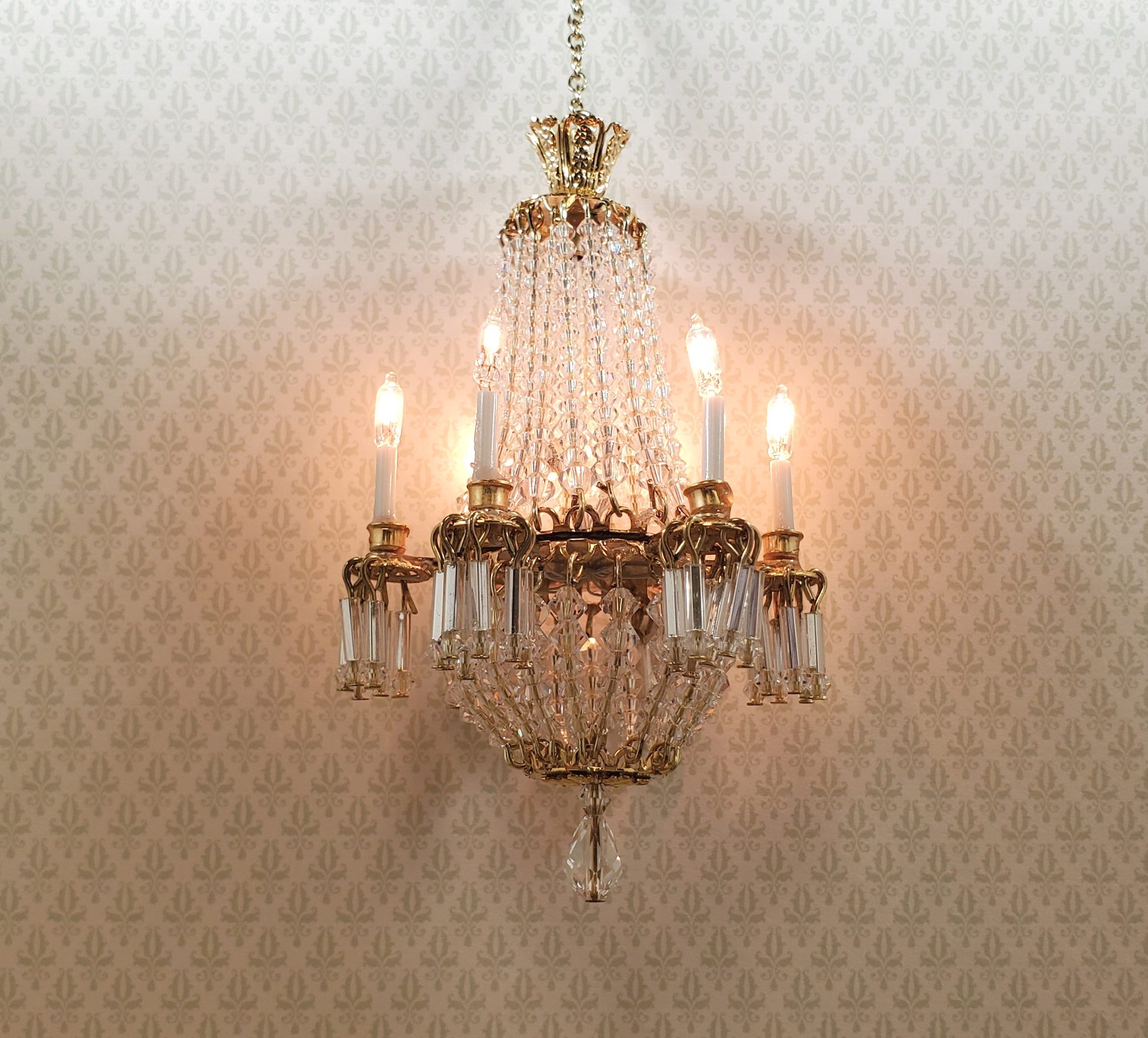 Dollhouse Crystal Chandelier Grand 6 Arm Real Glass 12 Volt 1:12 Scale Miniature